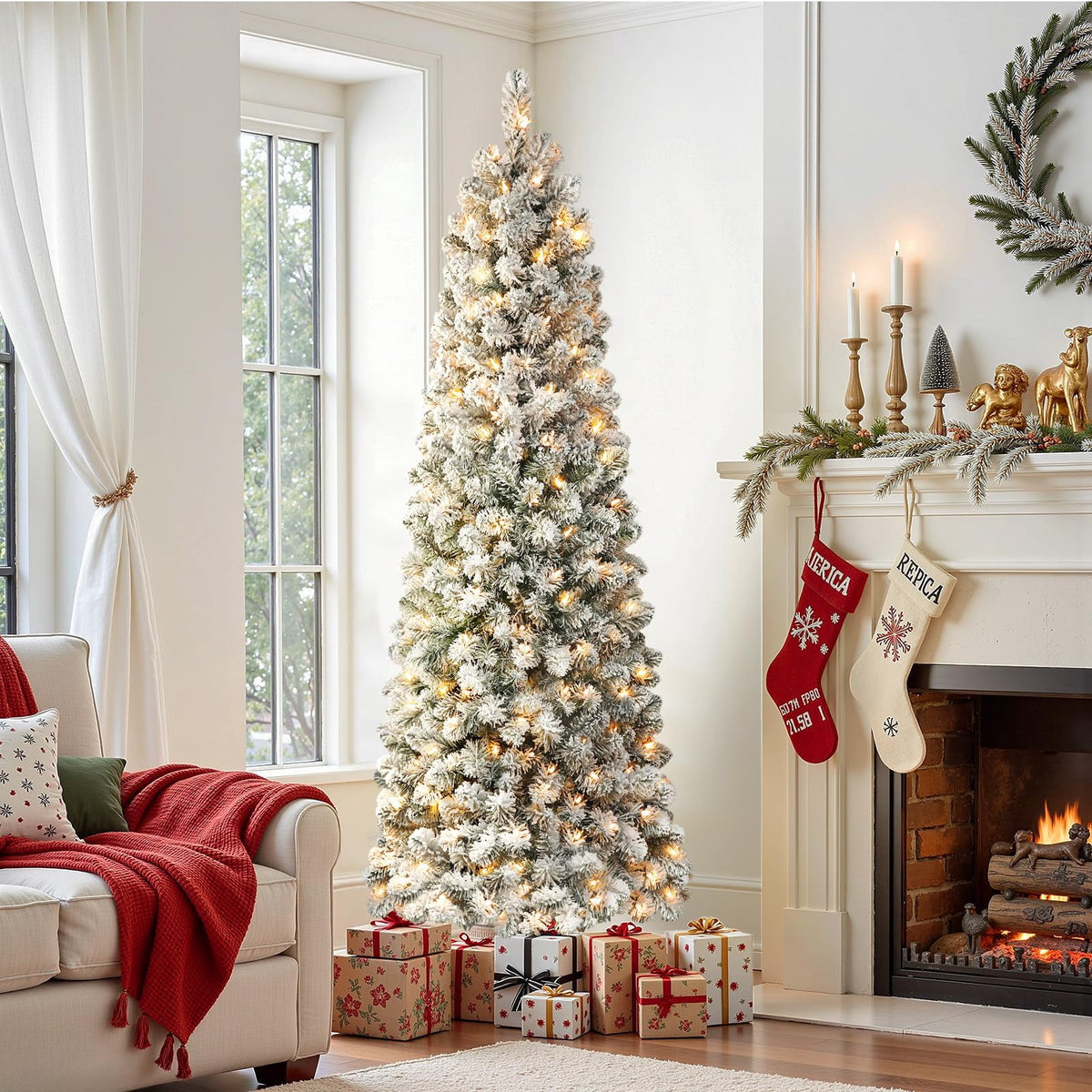 Lolsea 4.5ft Prelit Snow Flocked Artificial Pencil Christmas Tree with Warm White Lights, Full Branch Tips, Perfect Choice Decoration for Xmas Holiday