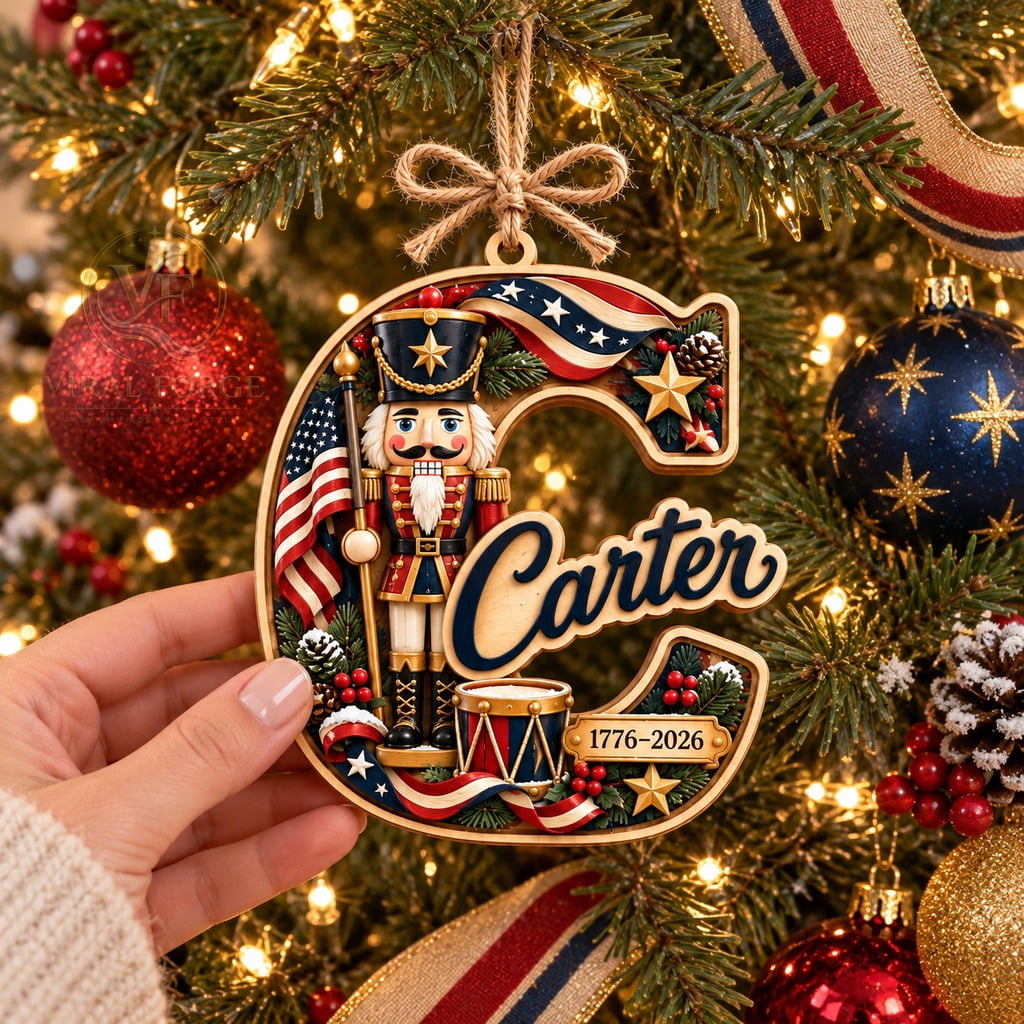 Christmas Ornament, Carter Initial C Nutcracker, 2 Layer Wood Tree Hanging, Patriotic Keepsake Gift