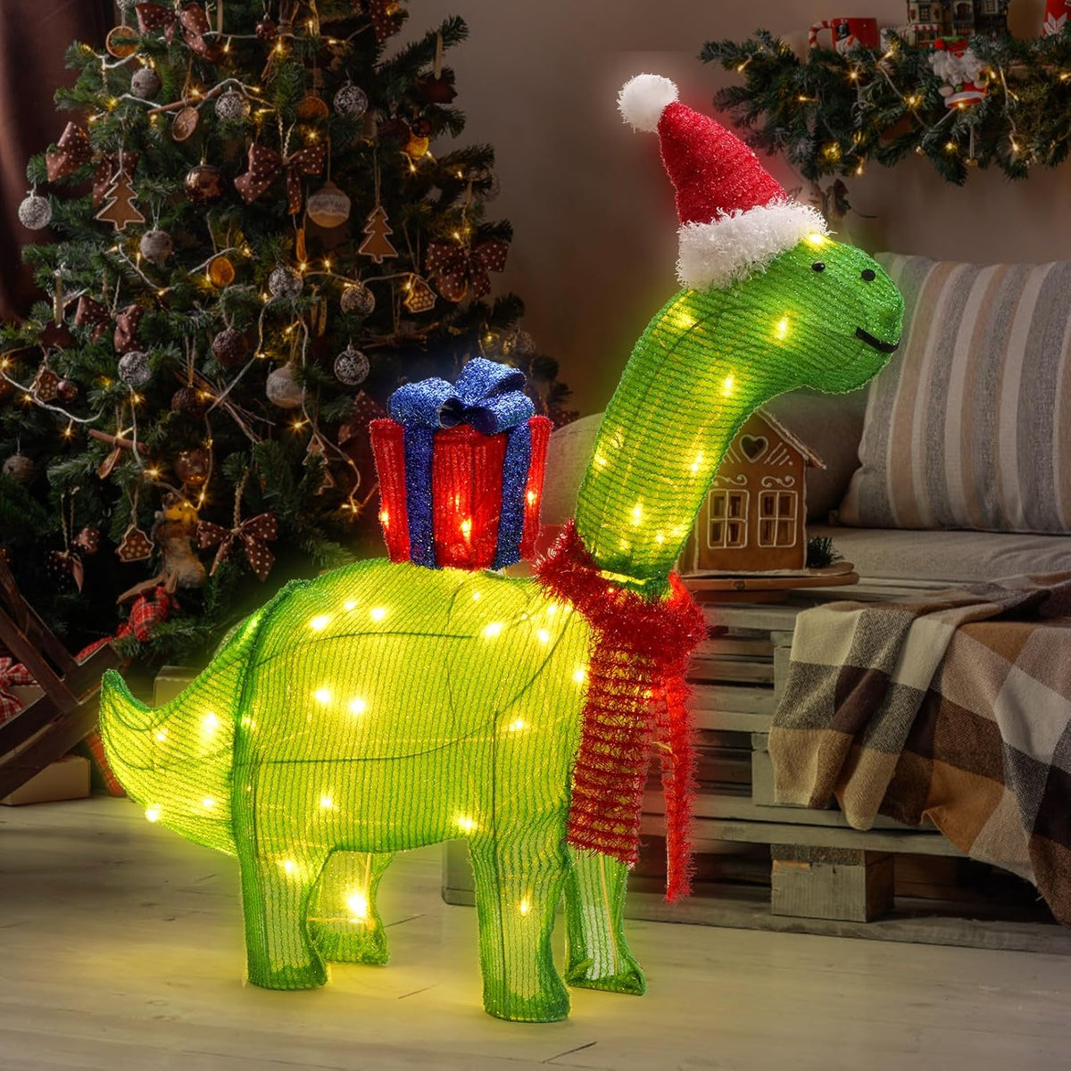 Lighted Christmas Decorations Outdoor/Indoor, 3D Christmas Dinosaur with Christmas Hat and Scarf, Christmas Decor for Home Yard Garden Holiday Party