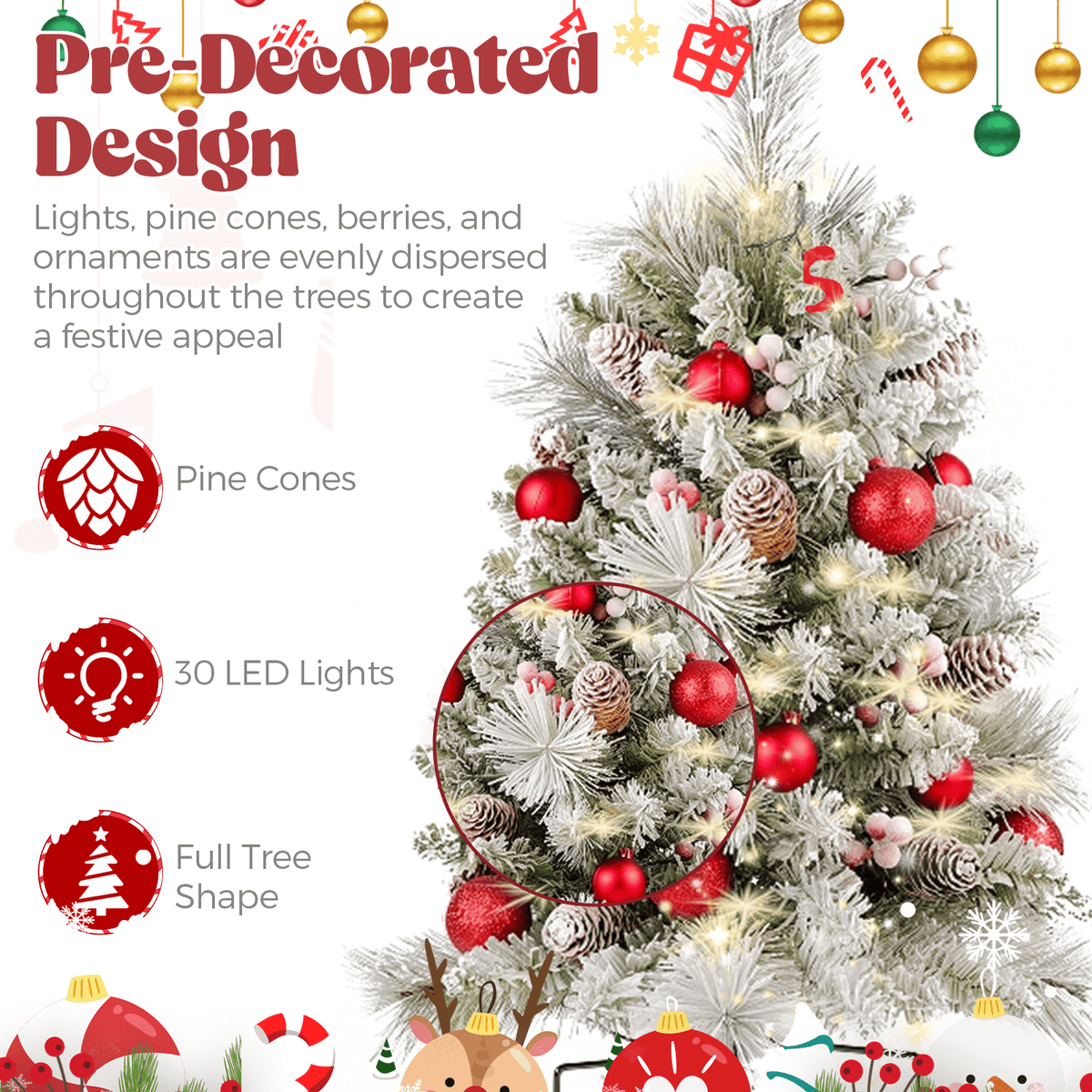 2 Pack 30 inch Prelit Outdoor Christmas Tree, Small Pre-Decorated Green Xmas Tree with Cones & Red Berries, 30 Warm Lights, Urn Filler Holiday Decor for Entrance Driveway, Yard, Garden