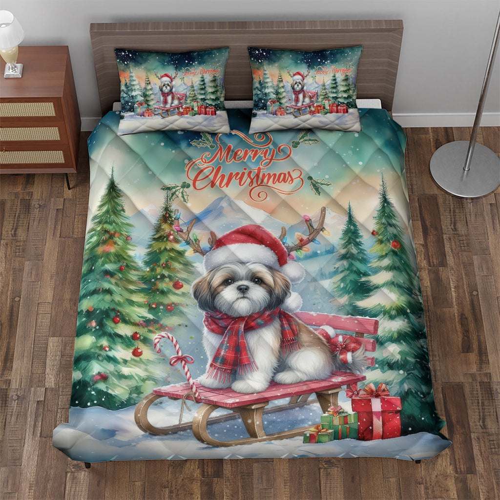 Merry Christmas Santa Reindeer Antlers French Bulldog Sleigh Xmas Winter Holiday Quilt Bedding Set Dog Lover Gifts 1 Blanket Bed Cover 2 Pillowcases - 00023