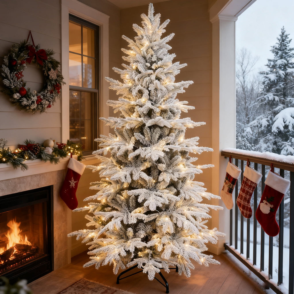 Makeatree 6 ft Prelit Snow Flocked Christmas Tree Frosted Artificial Xmas Tree with Multicolor Lights &1582PE PVC Tips, 9 Color Modes
