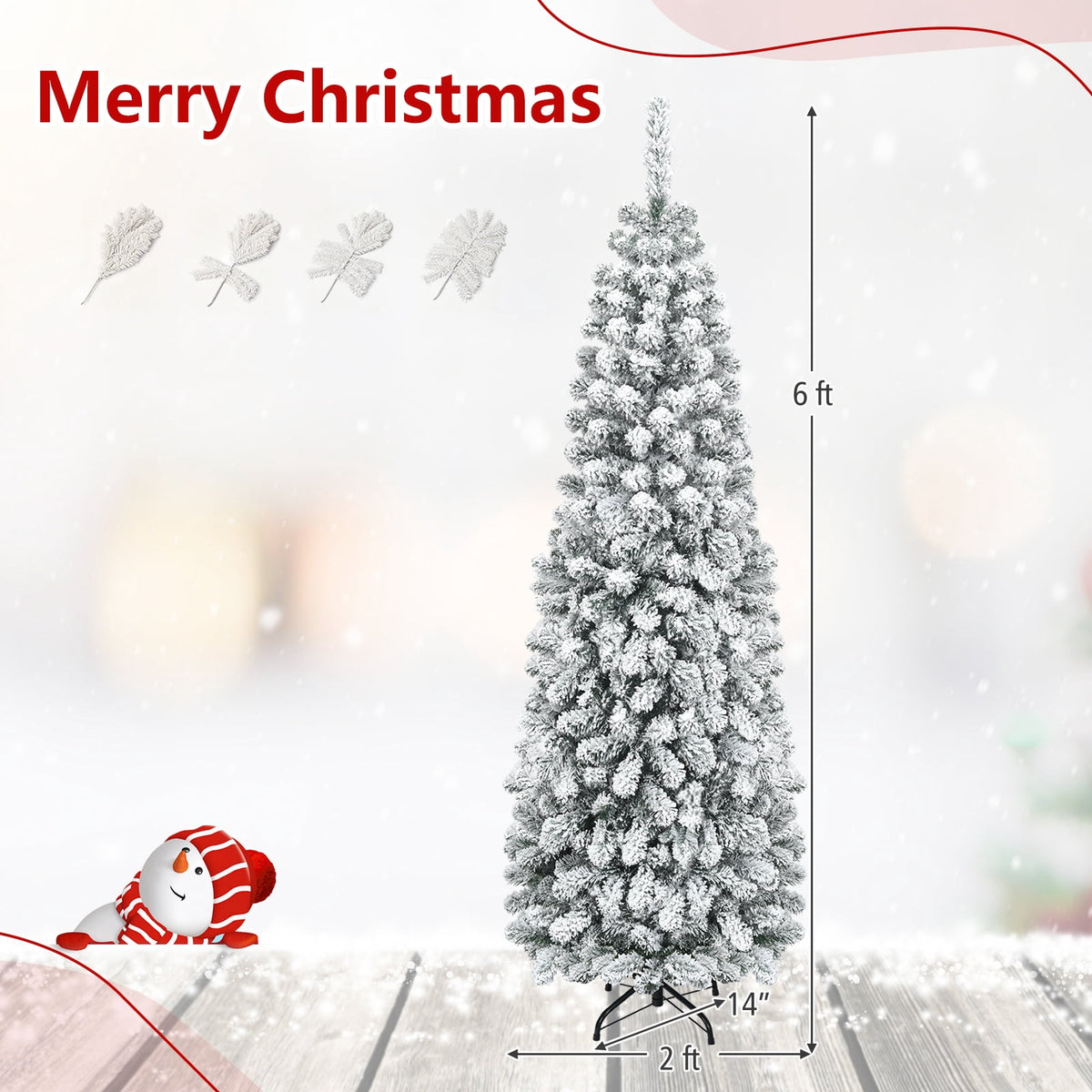 Costway 4.5 FT Unlit Flocked Pencil Christmas Tree Hinged with 242 Branch Tips