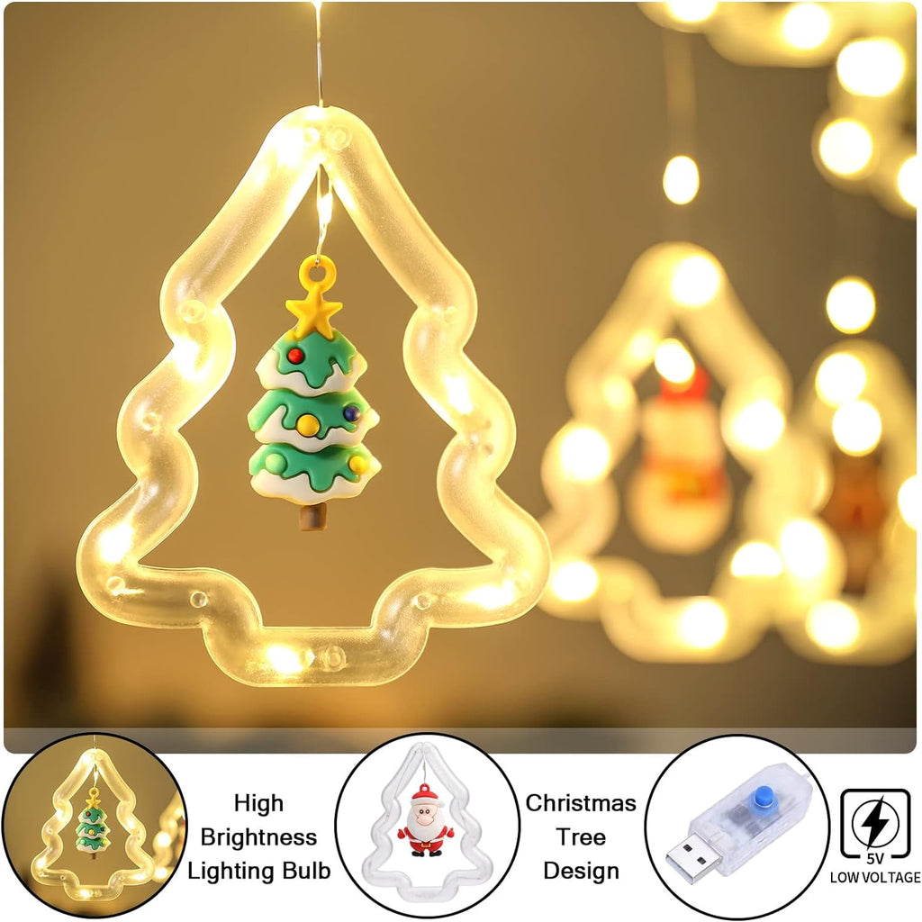 WILLED Christmas String Lights, 120 LED Window Curtain Lights with Christmas Ornaments, 9.8ft USB Powered Warm White Waterproof Fairy Lights Indoor Outdoor for Xmas Tree Patio Garden Party Home Decor