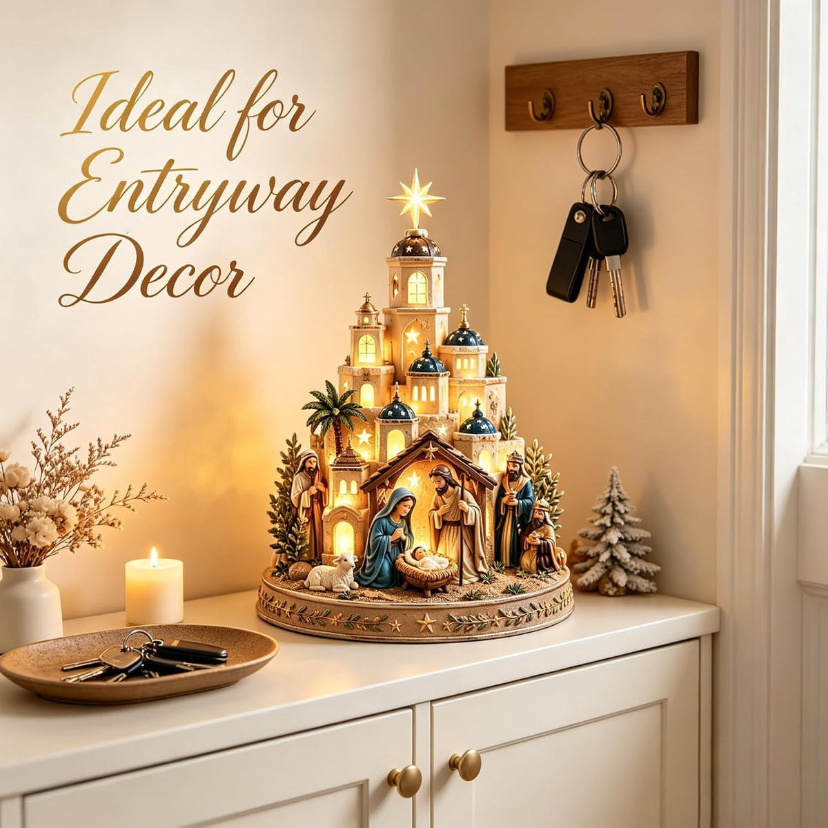 Bethlehem Nativity Church Light Tower, Lighted Nativity Scene Tabletop, Lighted Village Decoration with Star Accent Scene for Tabletop Home Display