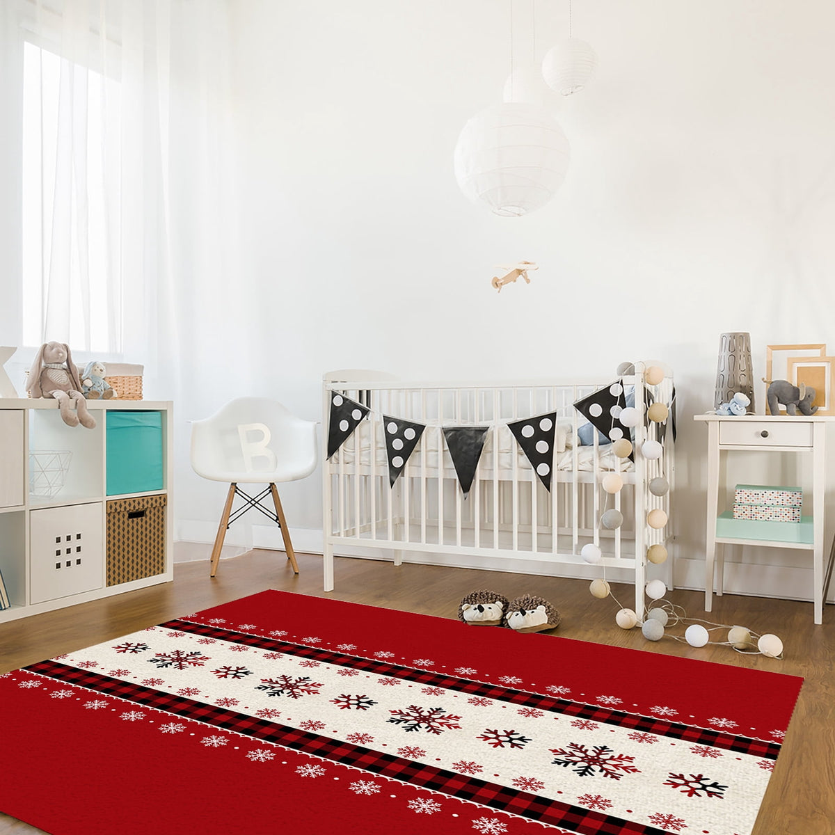 Christmas Snowflake Area Rug 5x7ft Red and Black Buffalo Plaid Non-Slip Washable Square Rugs Soft Felt Indoor Floor Mat for Bedroom Kitchen Living Room Bathroom