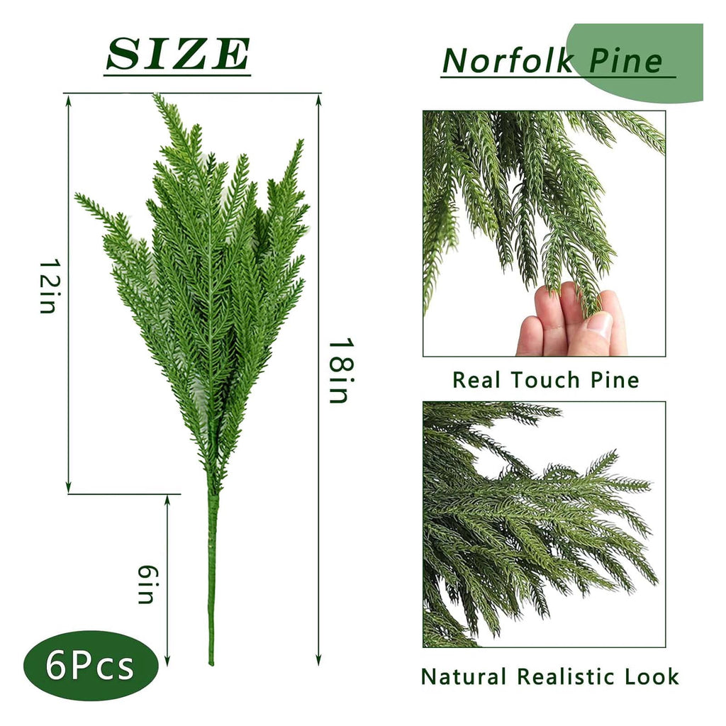 USPEED 18 Inch Real Touch Artificial Norfolk Pine Branches, Faux Cedar Pine Stem Fake Greenery Pine Picks for Vase DIY Garland Wreath Home Decoration - 6Pcs