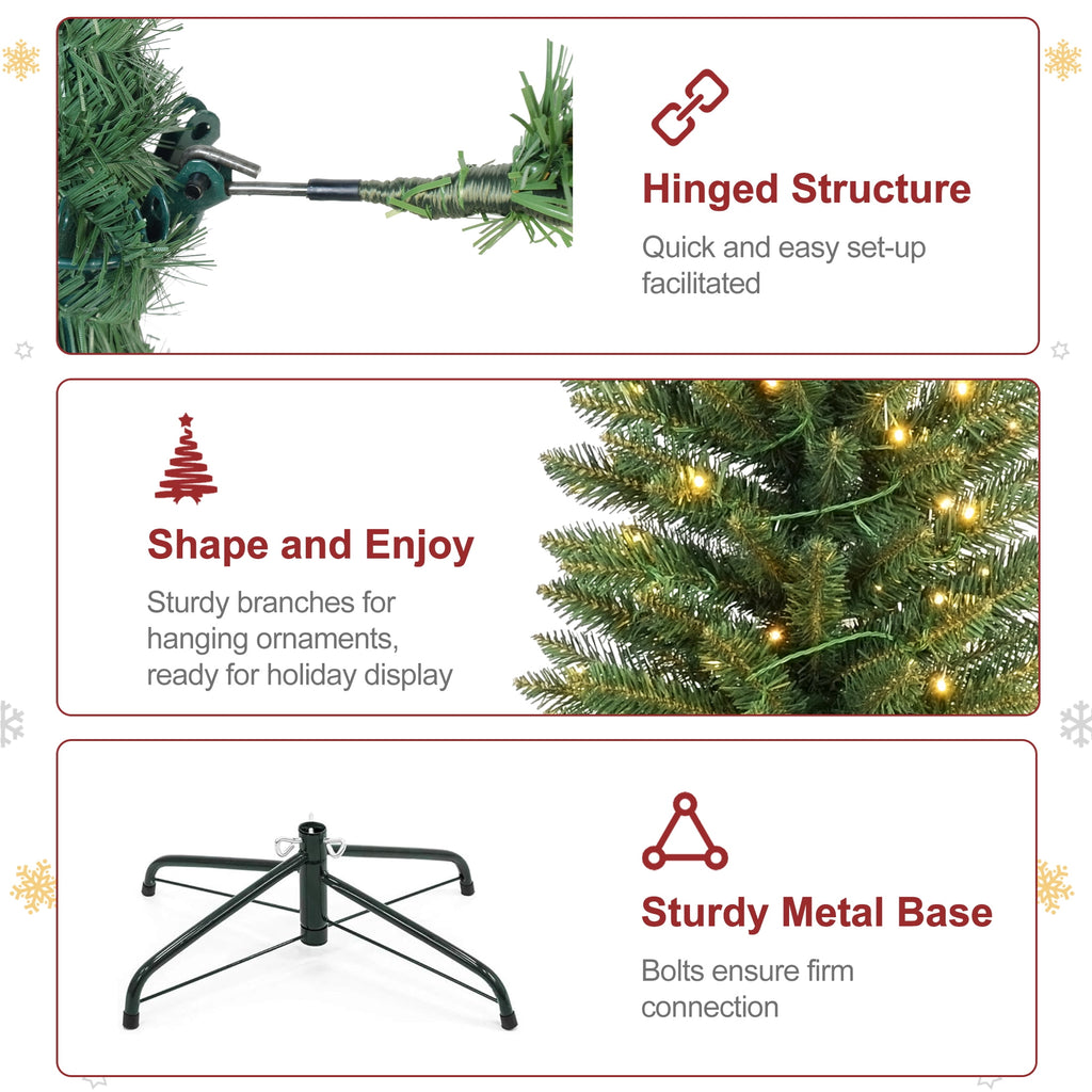 Makeatree 6 ft Pre-Lit Pencil Christmas Tree, Green Slim Skinny Spruce Xmas tree Holiday Decoration with 150 LED Lights, Metal Hinges & Foldable Base