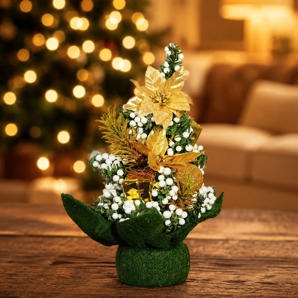Surpdew Mini Christmas Tree Table Top Decorations- 9" Artificial Small Pine Trees with Burlap Base on Desktop, Shelves, Bedroom, Miniature Scenes Xmas for Home, Office, Party Decor