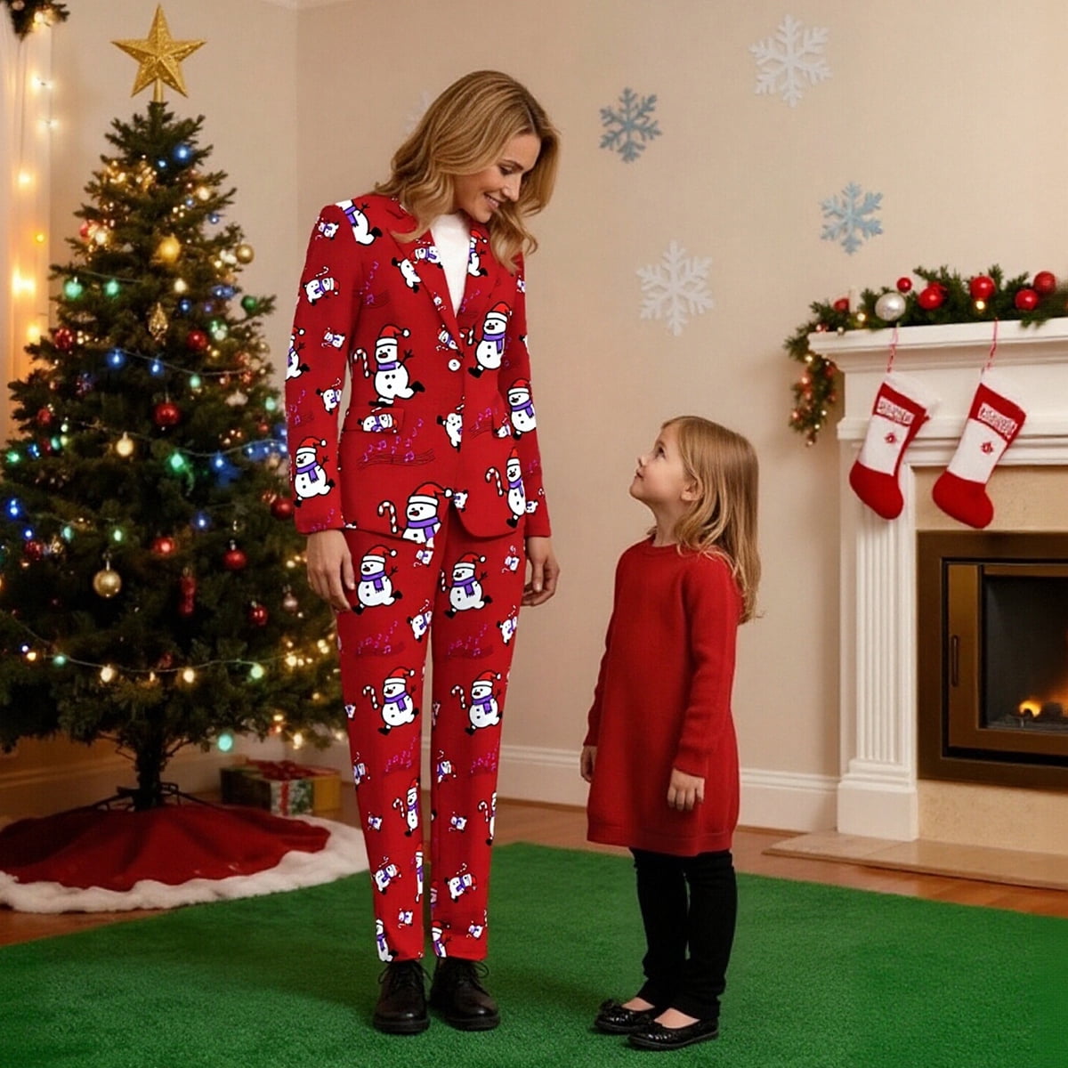 Drtj Women's Christmas Snowman Printed 2-Piece Suit Set, Festive Blazer and Pants Outfit, Available for Holiday Parties