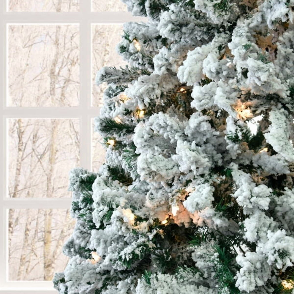 Alvantor 7 ft Pre-Lit Snow-Flocked Artificial Christmas Tree with 400 Warm and Cool White LED Lights, Remote Control and 1000 PVC Tips