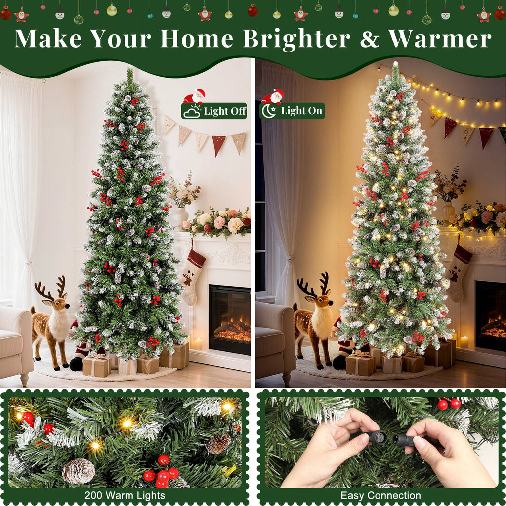 Aufeile 6ft Pencil Christmas Tree, Slim Pre-Lit Xmas Tree, 200 LED Lights, 600 Hinged Tips, Pine Cones, Berries, Metal Stand