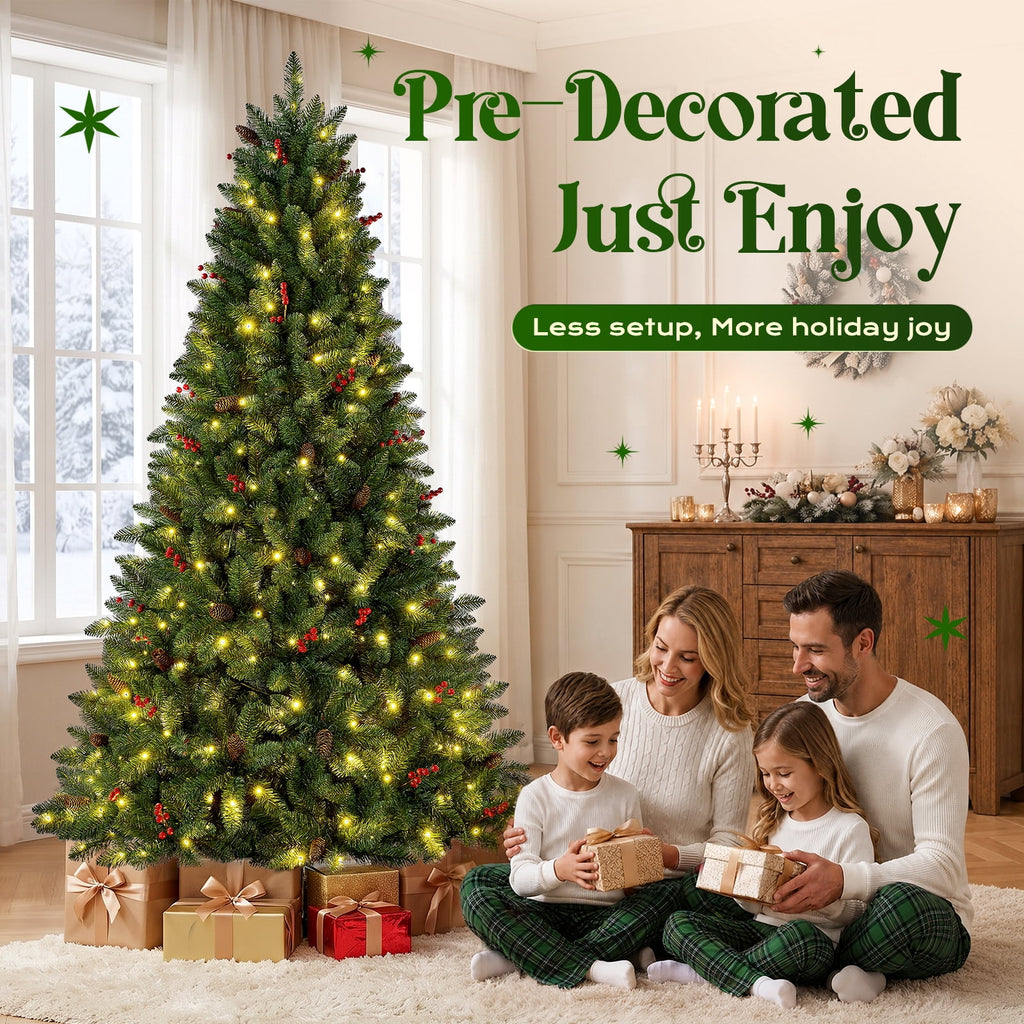 Goosiay Artificial Christmas Tree Pre-Lit Flocked Hinged with Red Berries & Pinecones, 350 Warm White & Multicolor LED Lights, 7 ft