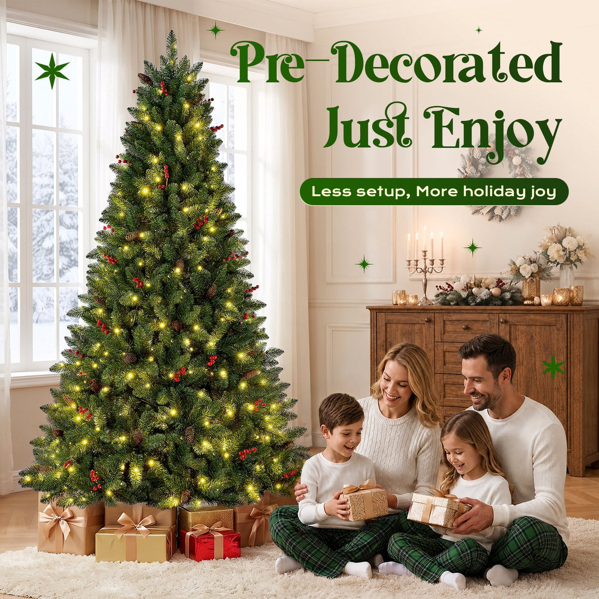 Goosiay Artificial Christmas Tree Pre-Lit Flocked Hinged with Red Berries & Pinecones, 350 Warm White & Multicolor LED Lights, 7 ft