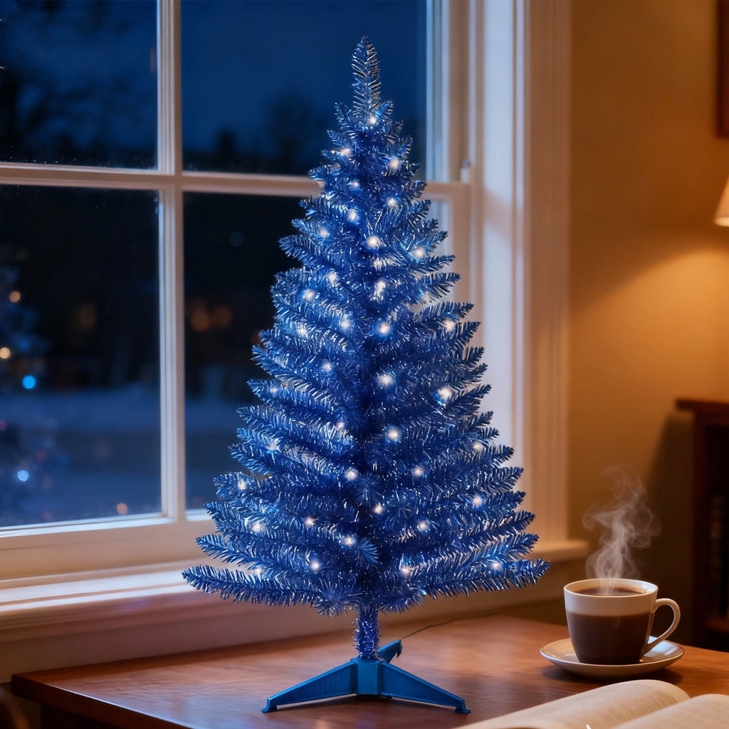 Bringstar 4FT Silver Artificial Christmas Tree with 50 String Lights, Mini Tinsel Tree, Not Pre-Lit, for Halloween & Holiday Home & Office Décor