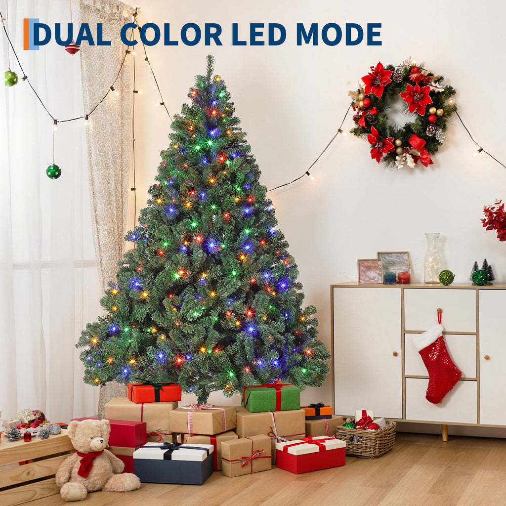 JoanKaren 7.5' Pre-Lit Green Artificial Christmas Tree,Metal Stand Full Xmas Tree with 600 Multicolor Lights