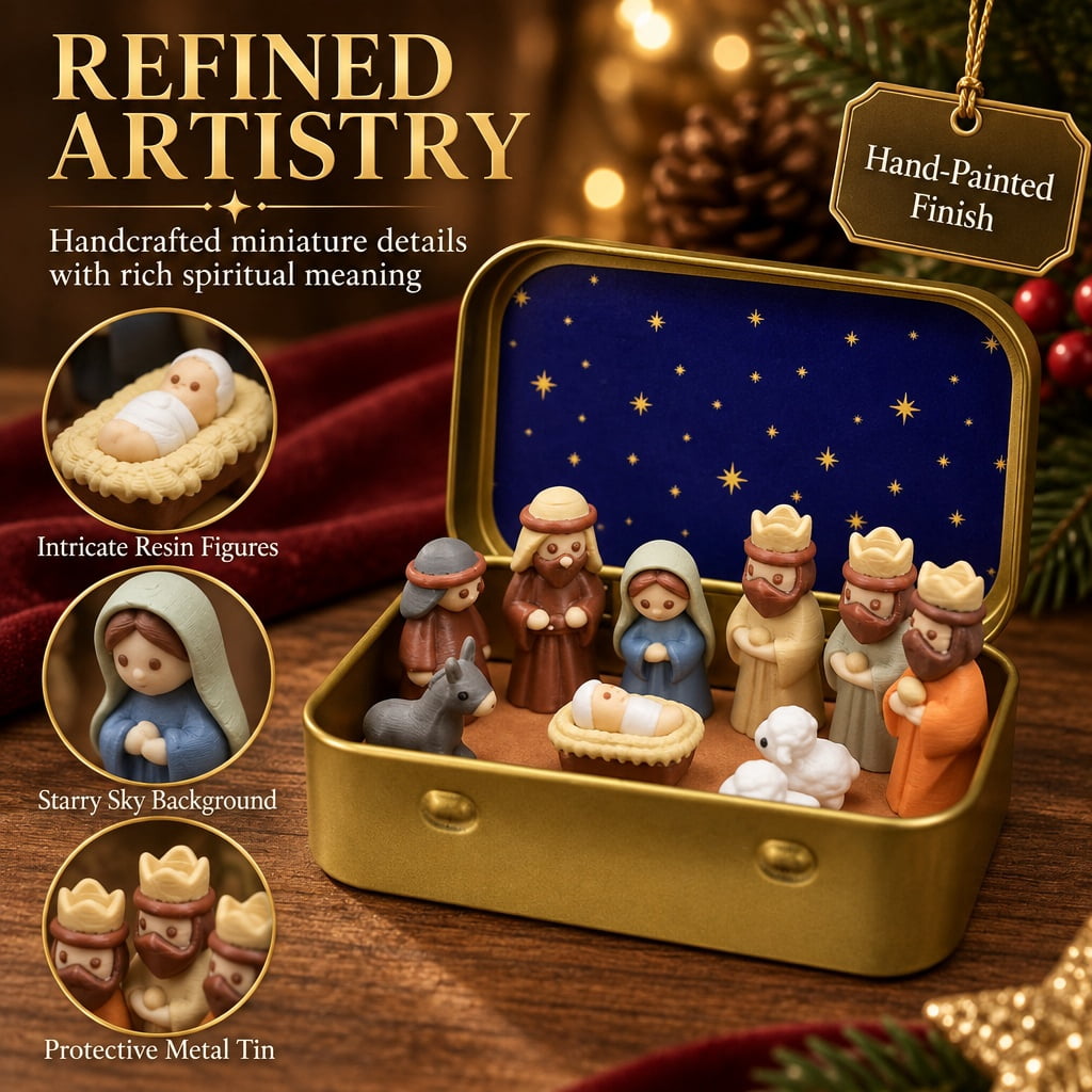 Mini Christmas Nativity Set in a Tin Box – Pocket Size Religious Scene with Handcrafted Resin Figures, Portable Display Case for Desk & Shelf