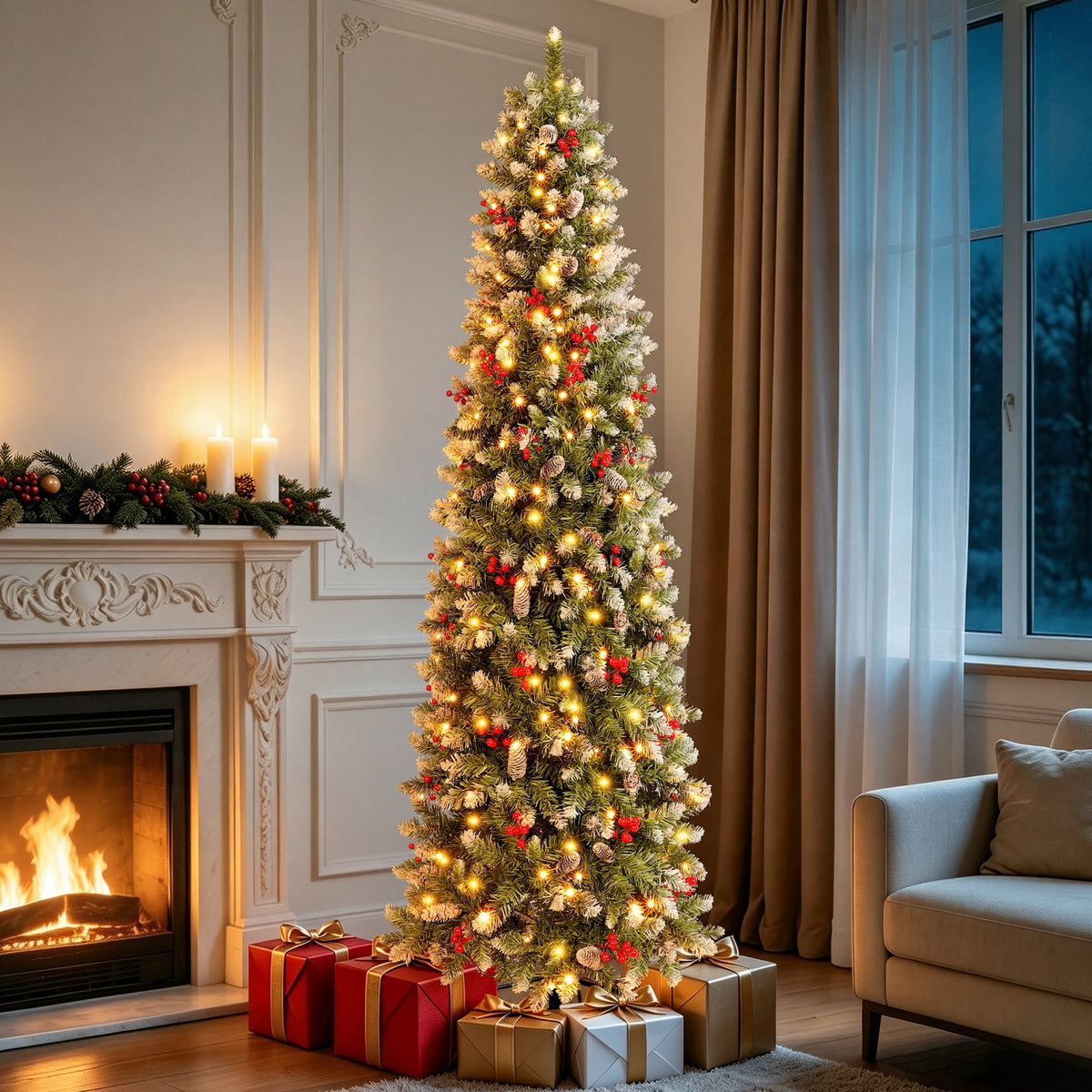 Aufeile 6ft Pencil Christmas Tree, Slim Pre-Lit Xmas Tree, 200 LED Lights, 600 Hinged Tips, Pine Cones, Berries, Metal Stand