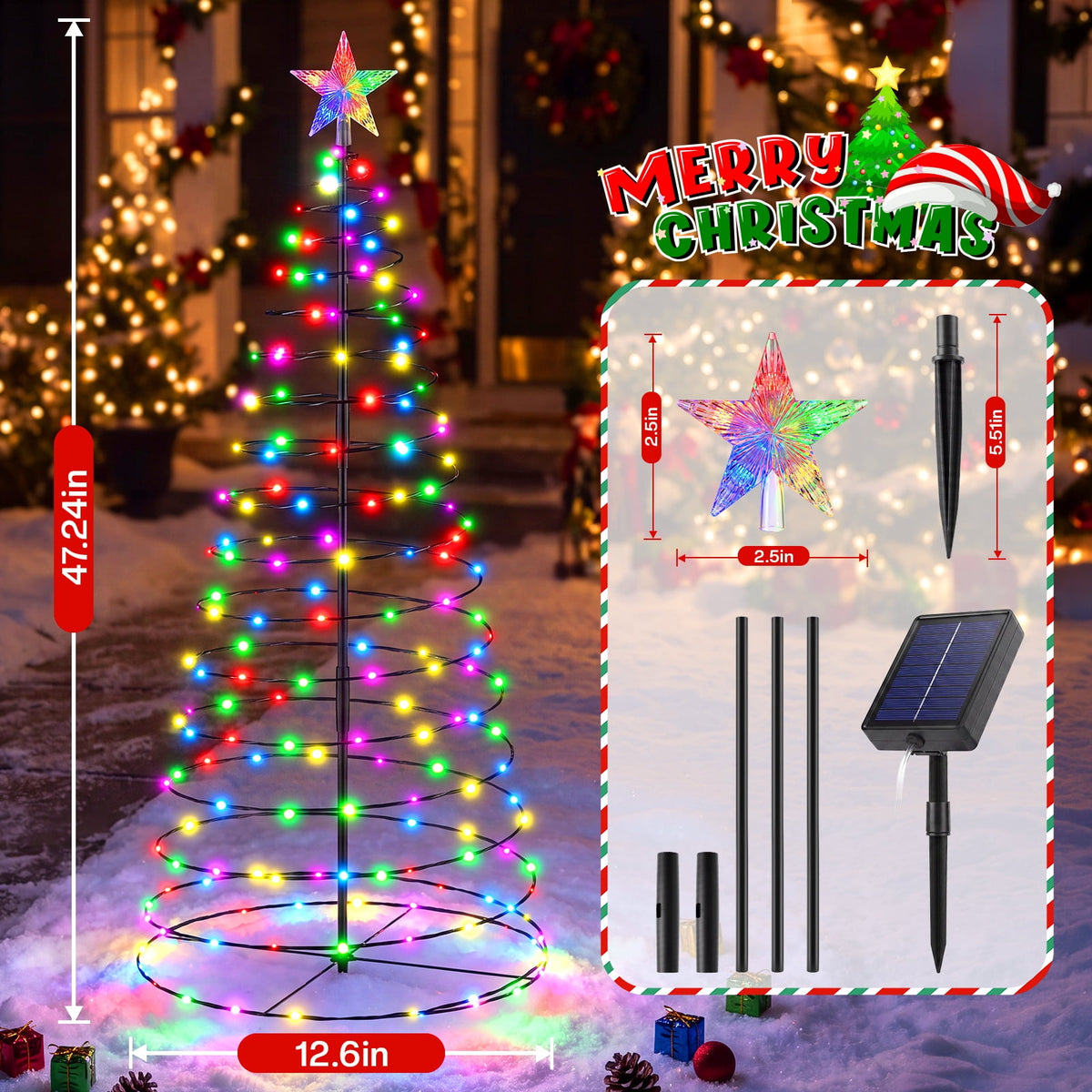 2 IN 1 Solar Christmas Lights C9 LED 33FT 25 LED with Ground Stakes Hanging Design Warm White Multicolor 8 Modes Waterproof for Garden Walkway Patio Christmas Decor