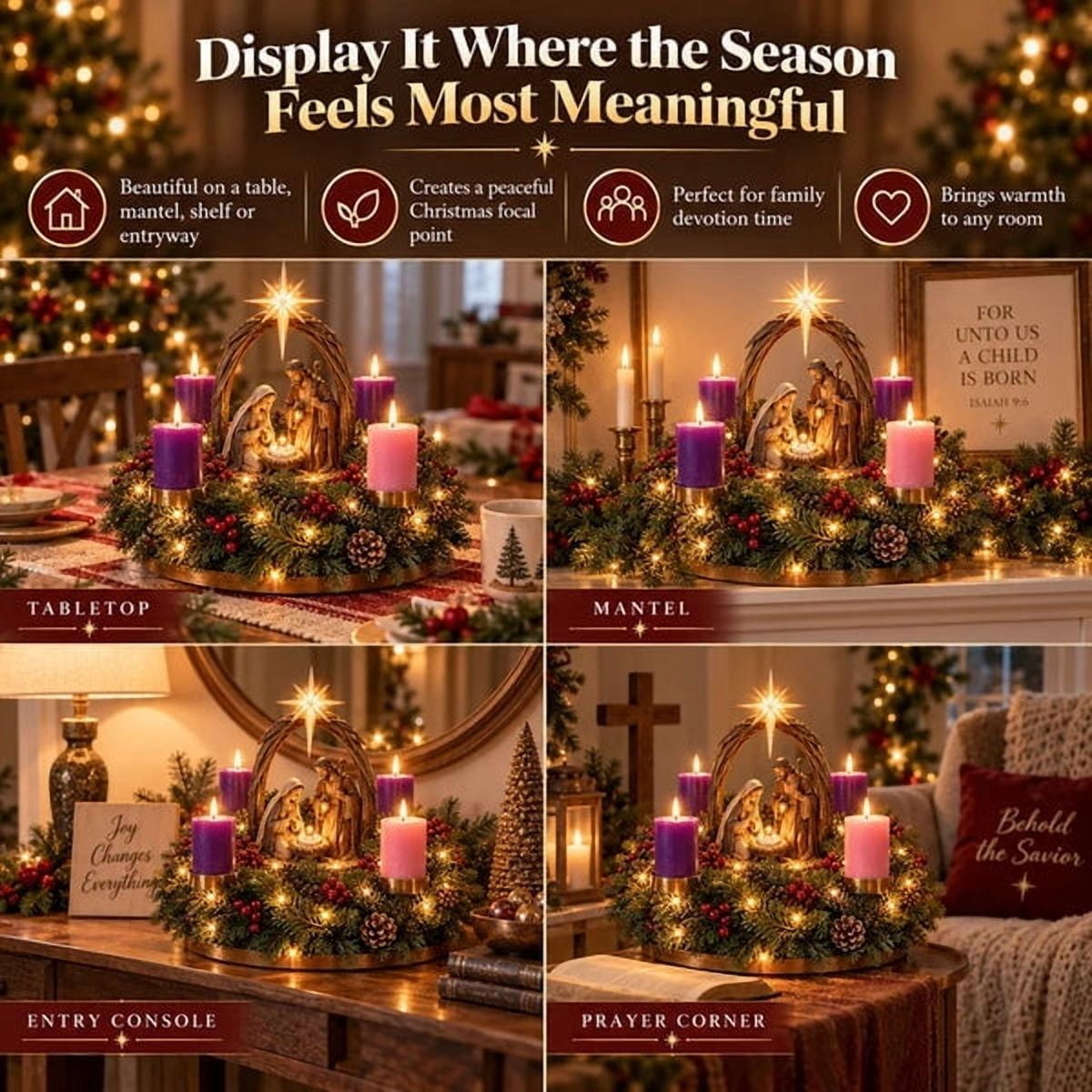 Lighted Nativity Advent Wreath,Sacred Christmas Centerpiece with Four-Week Lighted Journey,Festive Holiday Decor for Faith-Filled Homes