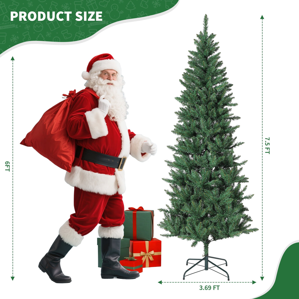 6ft/7.5ft/9ft Pencil Christmas Tree with LED Lights & Metal Stand, Pre-Lit Slim Artificial Holiday Trees,Christmas Decorations for Office,Home,Holiday