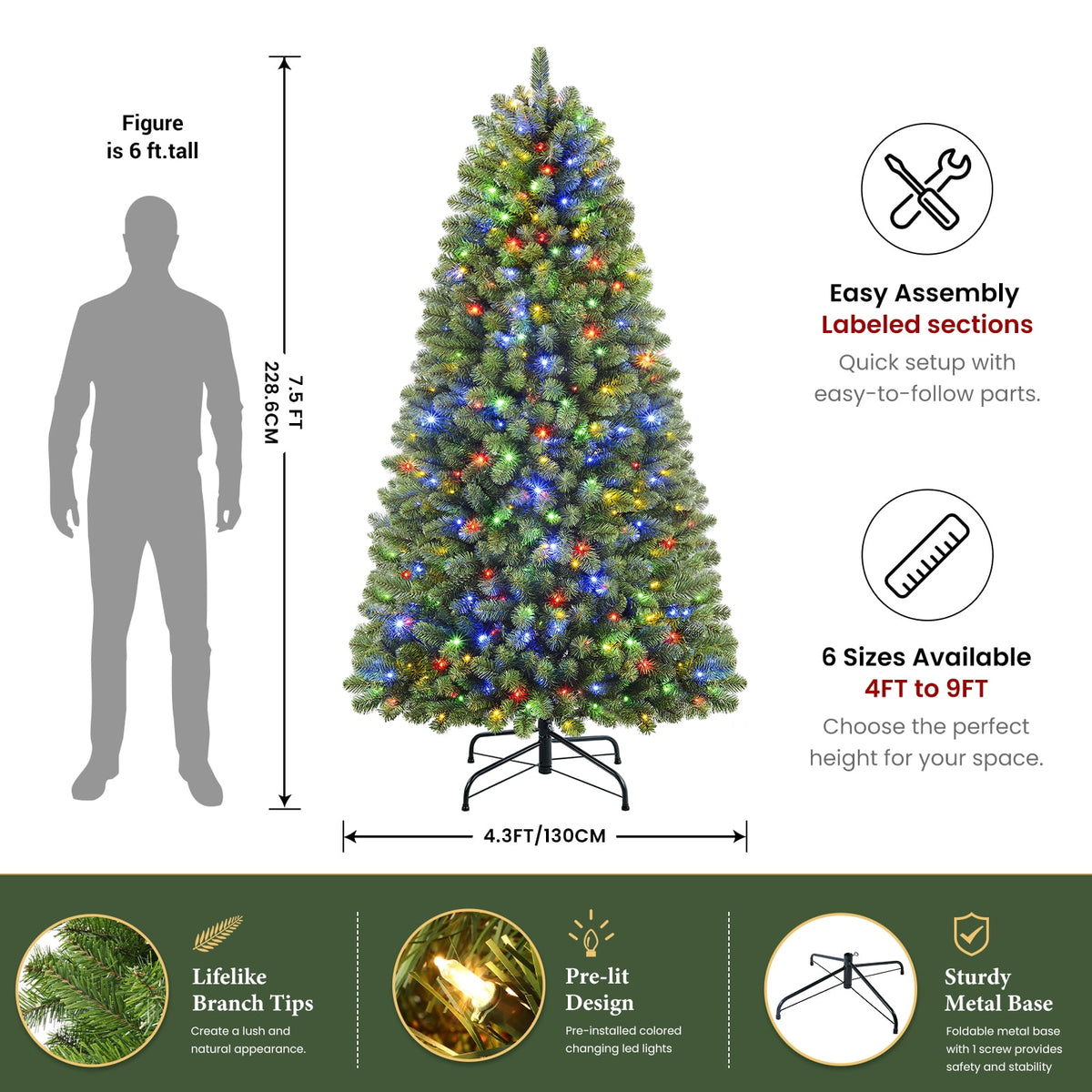 Lolsea 4.5ft Prelit Artificial Christmas Tree w/ Remote Control and Warm White & Color Changing Lights
