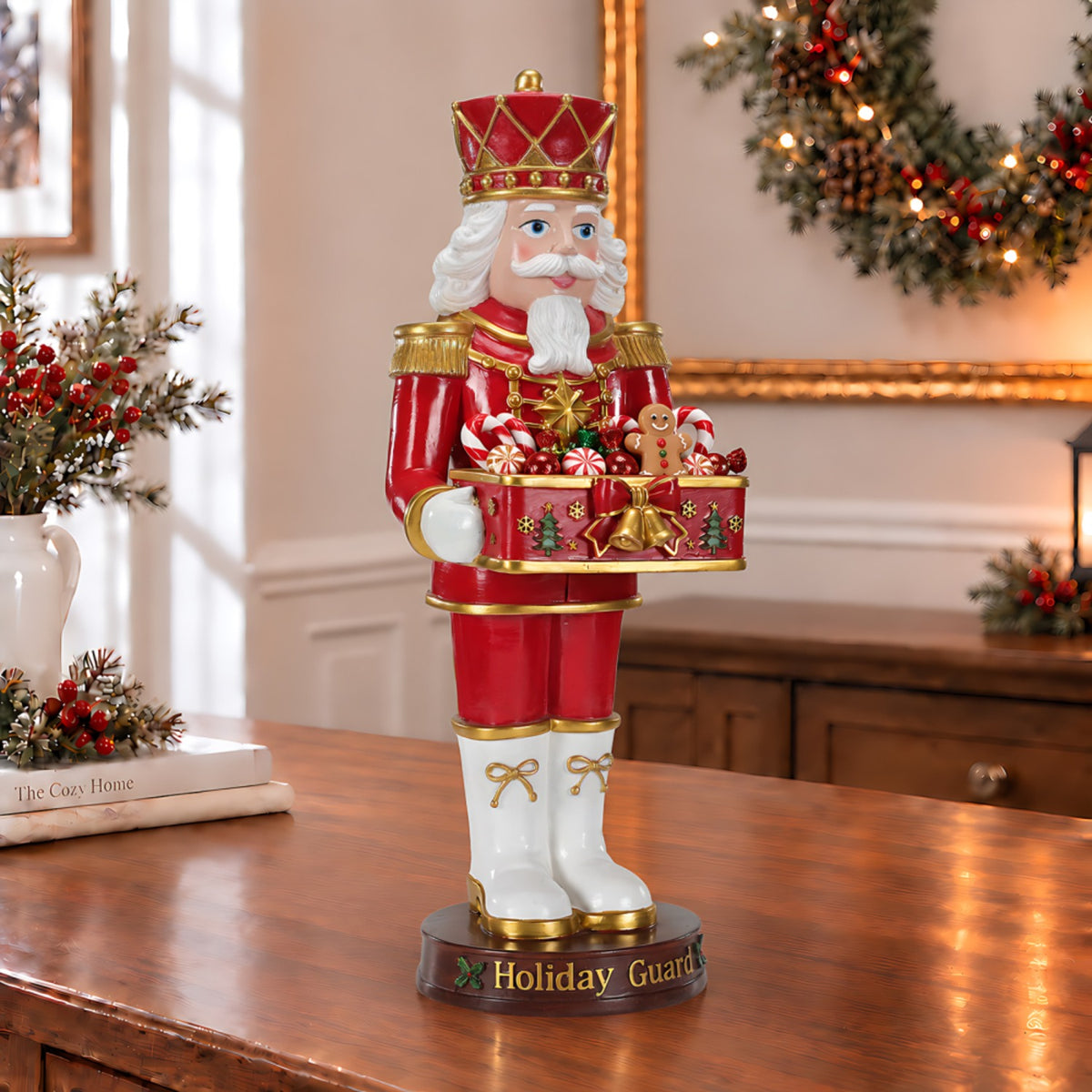 Jivora 24.41" Christmas Nutcracker Soldier Statue with Storage Tray, Holiday Tabletop Decor