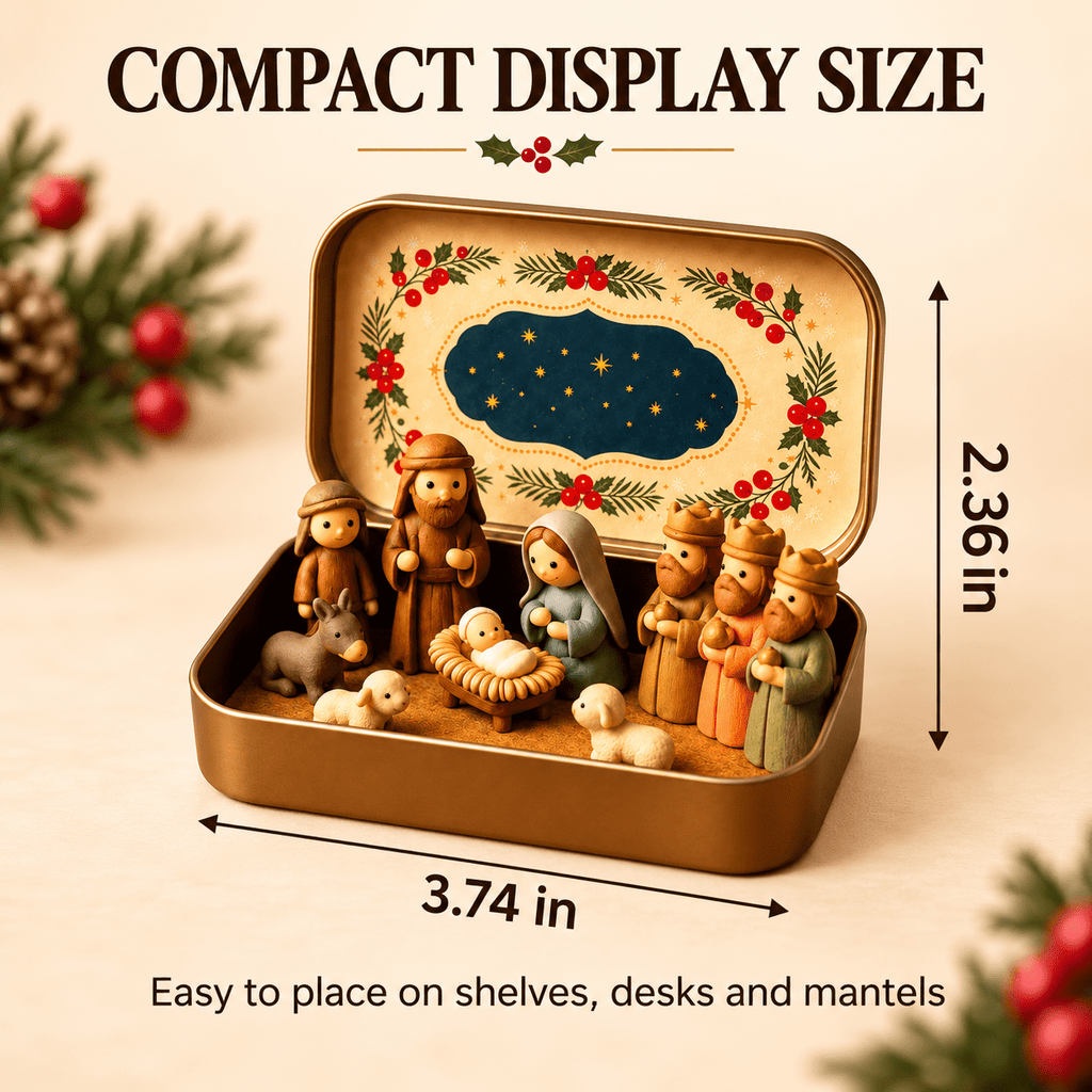Christmas Nativity Scene in a Tin Mini Manger Scene Portable Tin Box Tabletop Decor for Mantel Shelf Fireplace Desk Holiday Decoration