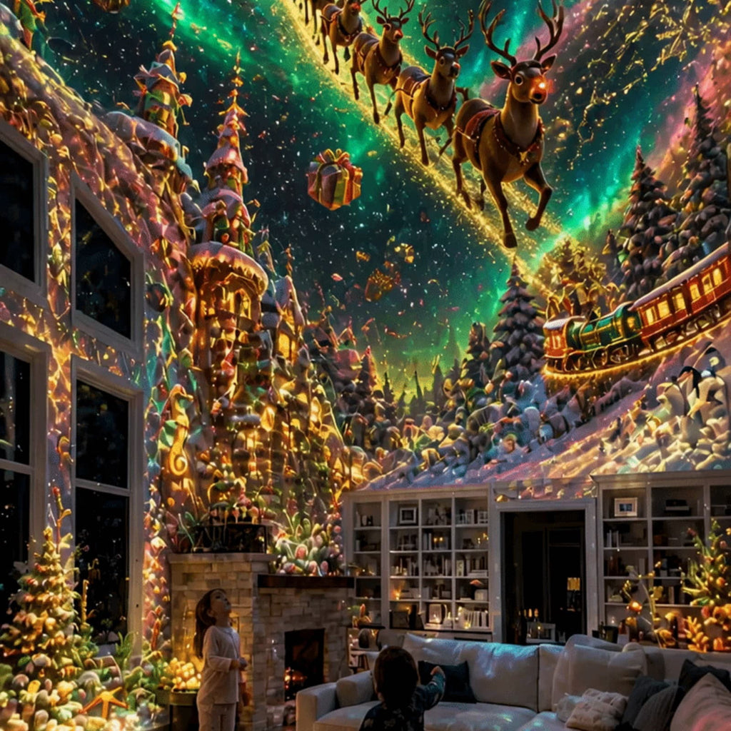 Magical Christmas Projection Night Light, USB Powered Holiday Projector with Festive Wall and Ceiling Effects for Bedroom, Living Room and Christmas Party Ambiance