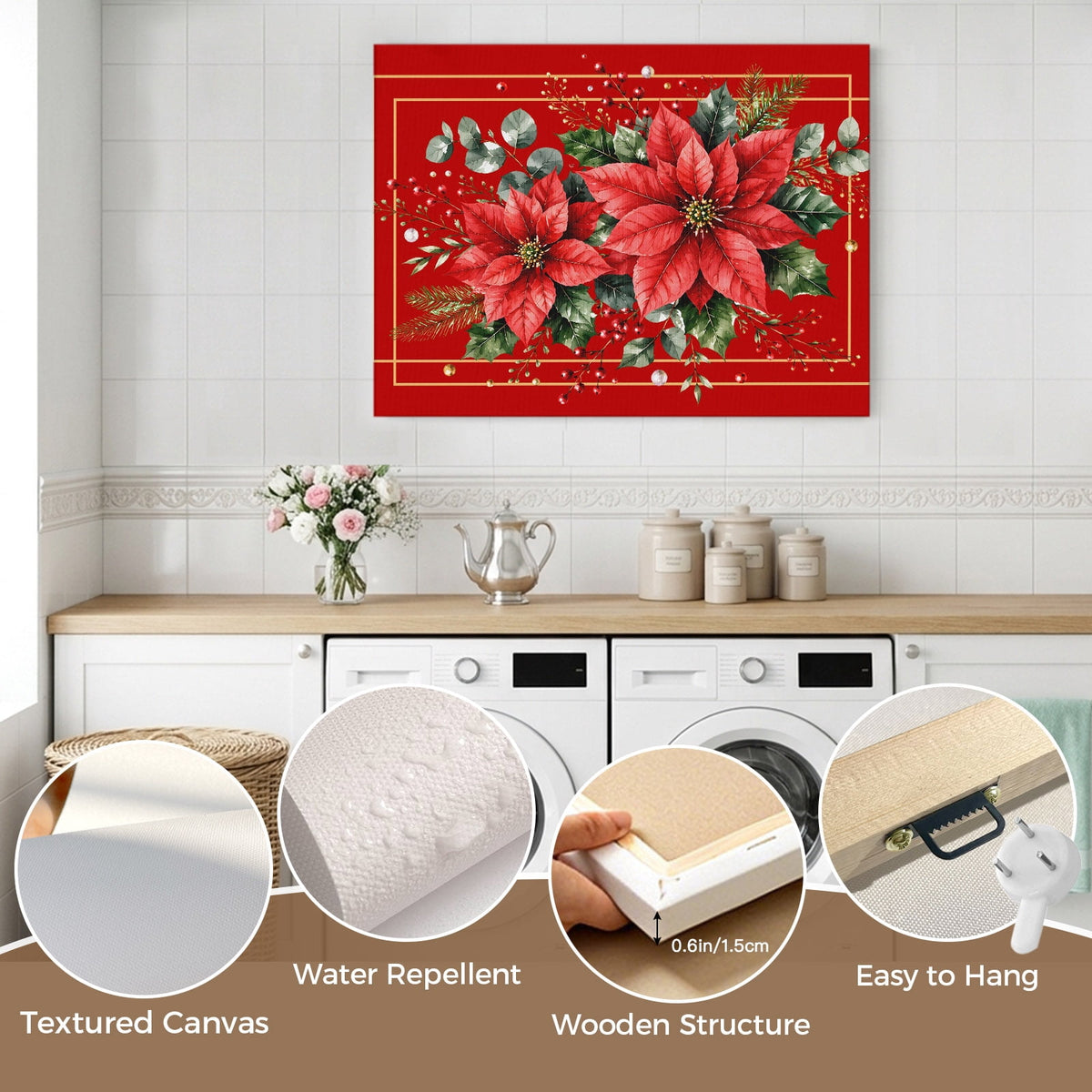 Christmas Poinsettia Flower Canvas Print Wall Art Festive Eucalyptus Leaves Red Base Wall Decor Modern Artwork Paintings Pictures for Living Room Stretched and Framed Ready to Hang - 24" x 32"
