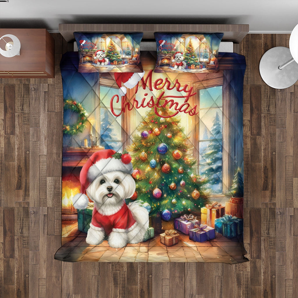 Merry Christmas French Bulldog Santa Hat Xmas Tree Winter Holiday Quilt Bedding Set Dog Lover Gifts 1 Blanket Bed Cover 2 Pillowcases - 01013