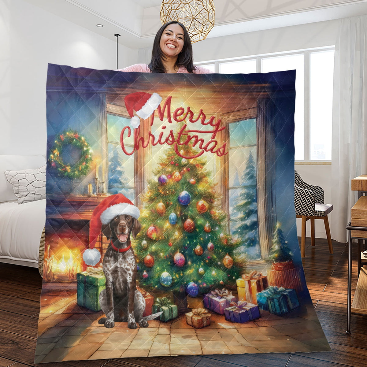 Merry Christmas French Bulldog Santa Hat Xmas Tree Winter Holiday Quilt Bedding Set Dog Lover Gifts 1 Blanket Bed Cover 2 Pillowcases - 01013