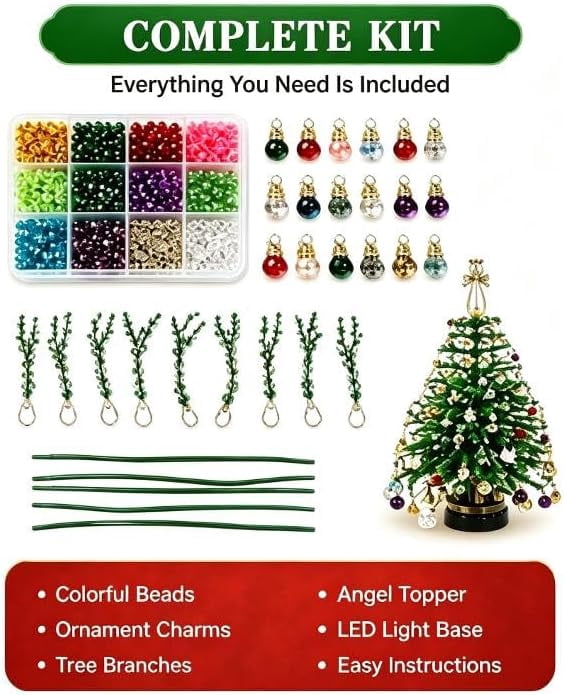 Jingle Beads, Beaded Xmas Tree Kit, Crystal Beaded Christmas Tree Lamp Kit, DIY Beaded ChristmasTree Kits Light Up, Metal Frame & Angel Topper Included, Tabletop Mini Decor