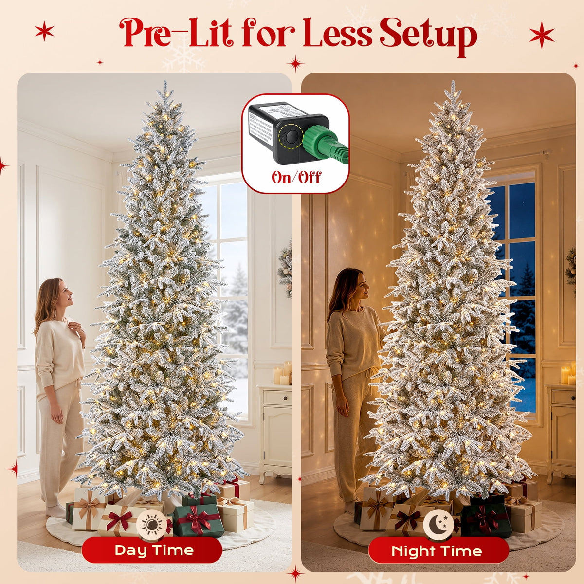 Goosiay 7FT Pre-Lit Flocked Fir Christmas Tree, 1060 PE & PVC Tips, 300 Warm White LED Lights, Snowy Hinged Artificial Christmas Tree for Living Room & Holiday Decor