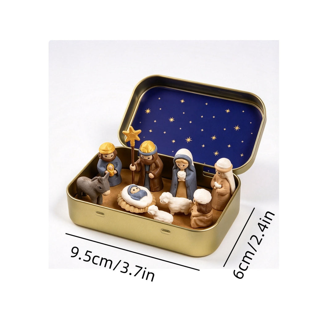 Mini Christmas Nativity Set In Tin Box Jesus Birth Scene Figurines Decoration for Tabletop Party Office Decor & Christian Holiday Gifts