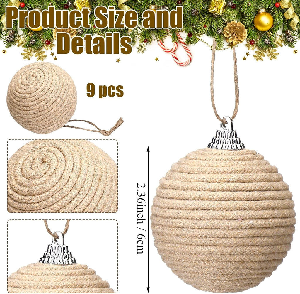 9Pcs 9 Pcs 2.36 Inch Christmas Ball Ornaments Farmhouse Jute Rope Hanging Balls Burlap Neutral Rustic Ornaments for Xmas Tree Holiday Wreath Garland Wedding Home(White,Beige,Dark Brown)