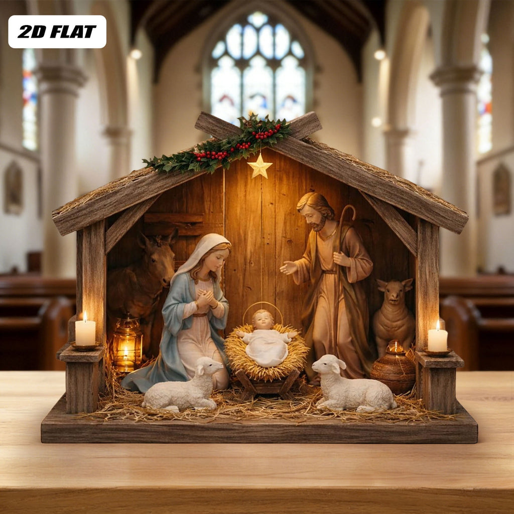 Nativity Scene Wooden Decor, Jesus Birth Manger Stable Sculpture for Christmas Home Church Decor