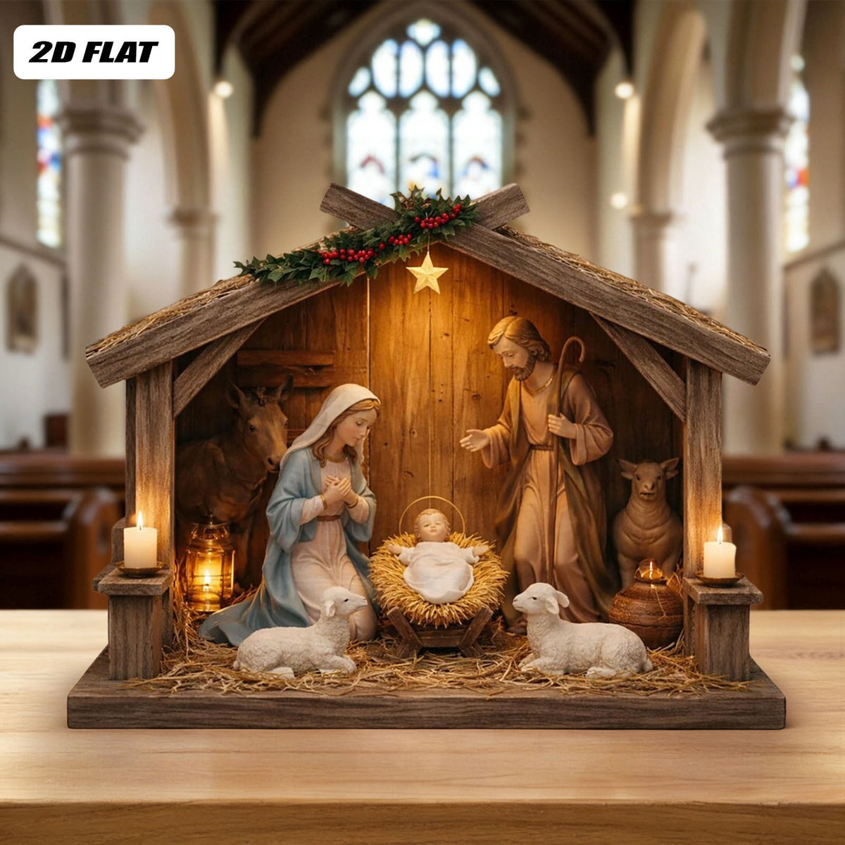 Nativity Scene Wooden Decor, Jesus Birth Manger Stable Sculpture for Christmas Home Church Decor
