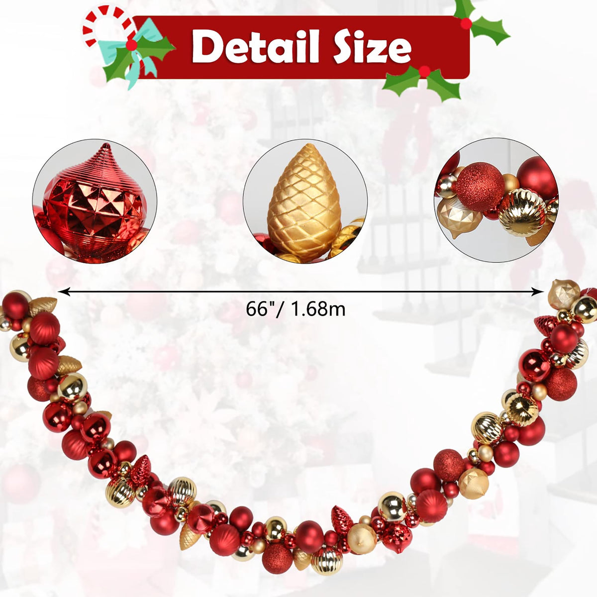 6 Ft Christmas Ball Garland Ornaments Shatterproof Xmas Hanging Balls Holiday Party Wedding Christmas Tree Decor Red