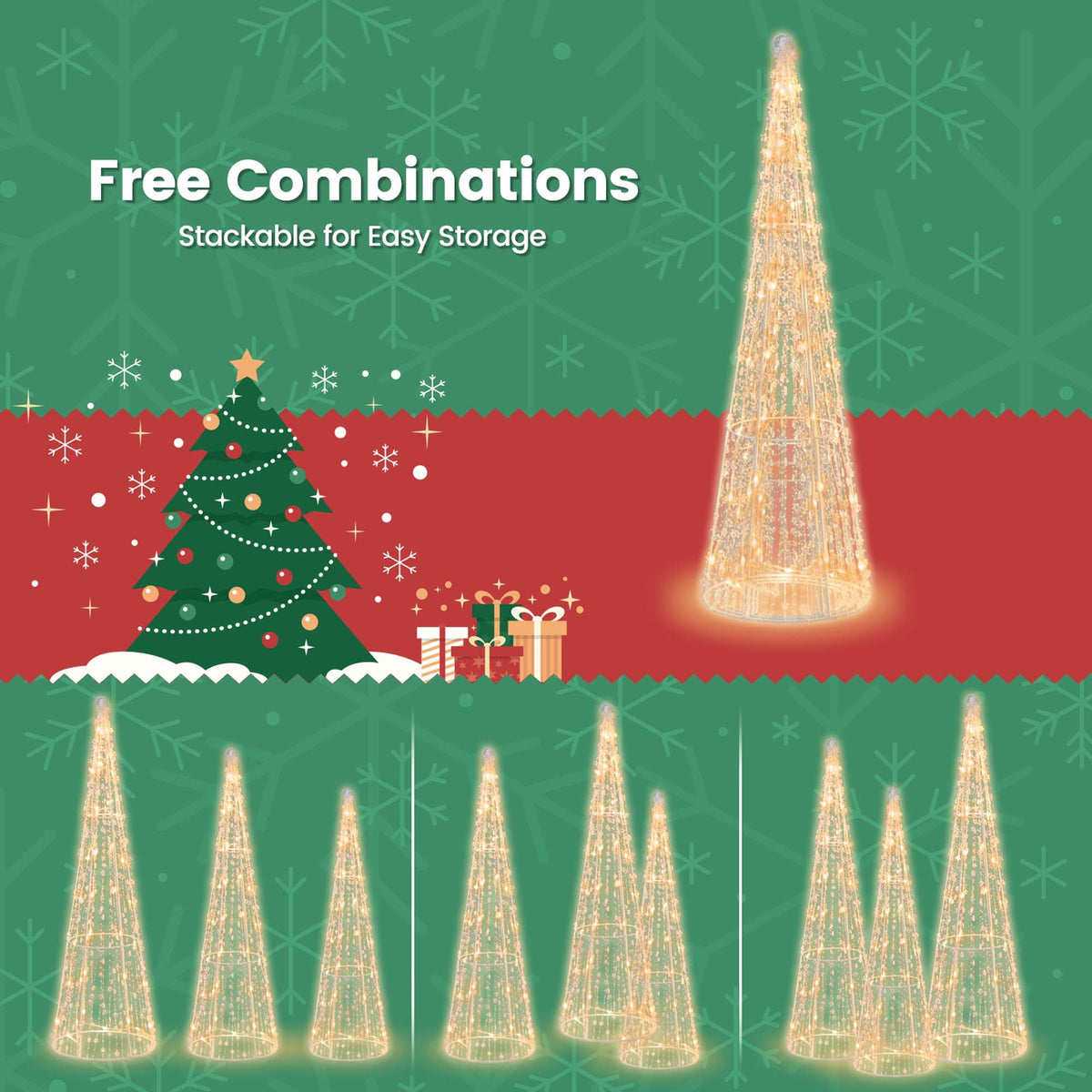 Costway Set of 3 Pre-lit Christmas Cone Trees Xmas Decoration with Star String & 90 Lights