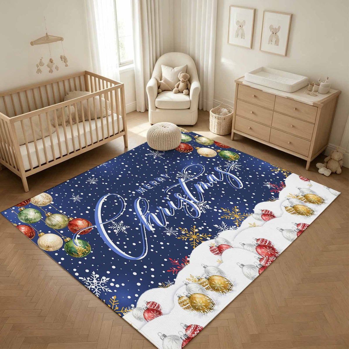 8x10 Area Rugs, Navy Blue Christmas Non-Skid Rubber Backing Large Rectangle Rugs - Living Room Bedroom Home Office, Xmas Snowflake Balls Snowy Sparkle Indoor Floor Mat Carpets Washable Rug