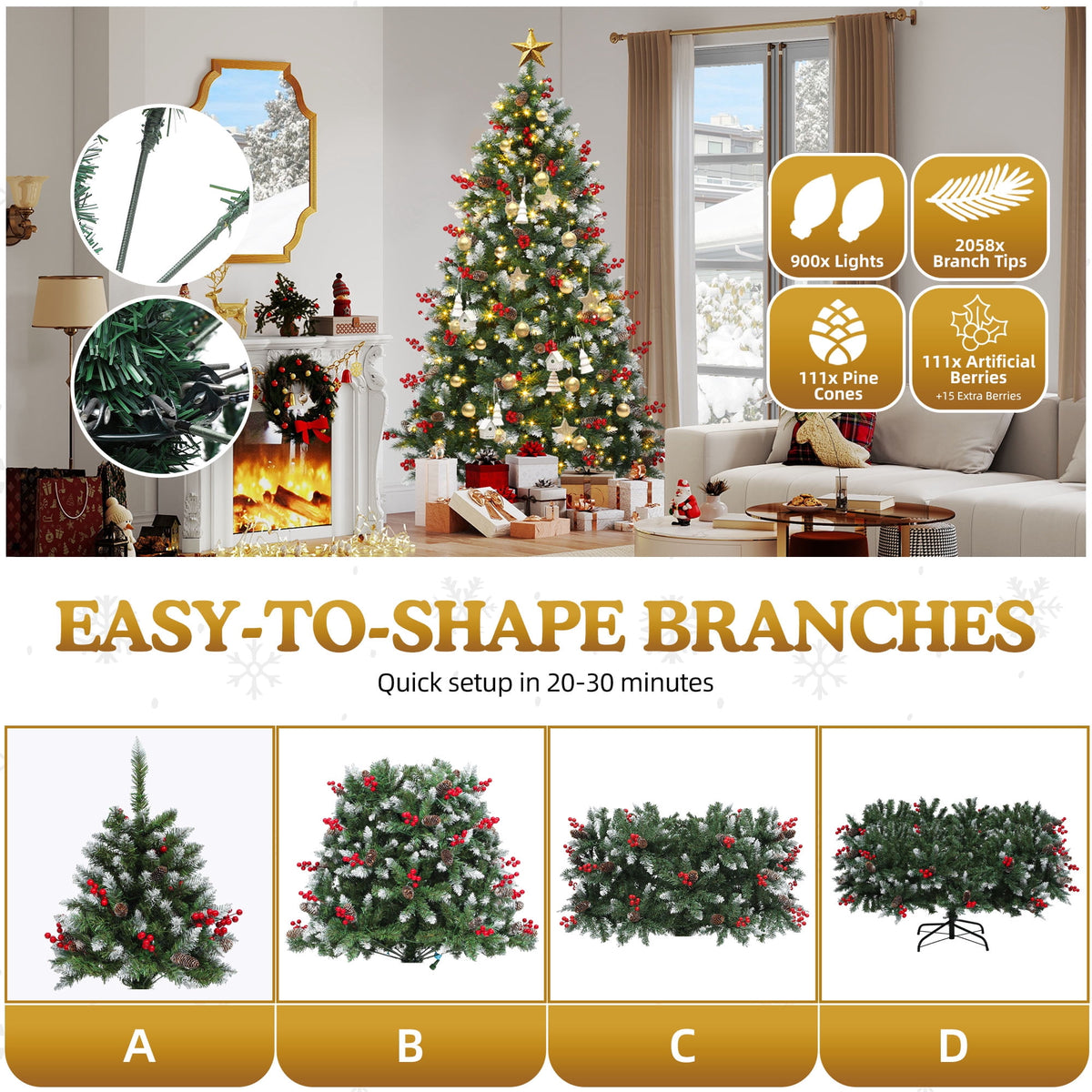Uforic 9ft Pre-Lit Artificial Hinged Christmas Tree with 2058Frosted Tips & 900 Lights, 111Pine Cones & 111Red Berries, Remote Control, Green