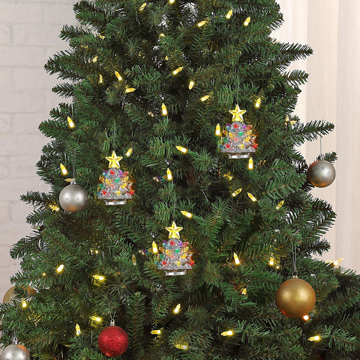 Mr. Christmas 5.25-Inch Nostalgic Tabletop Christmas Trees, Set of 3, White, LED Lights