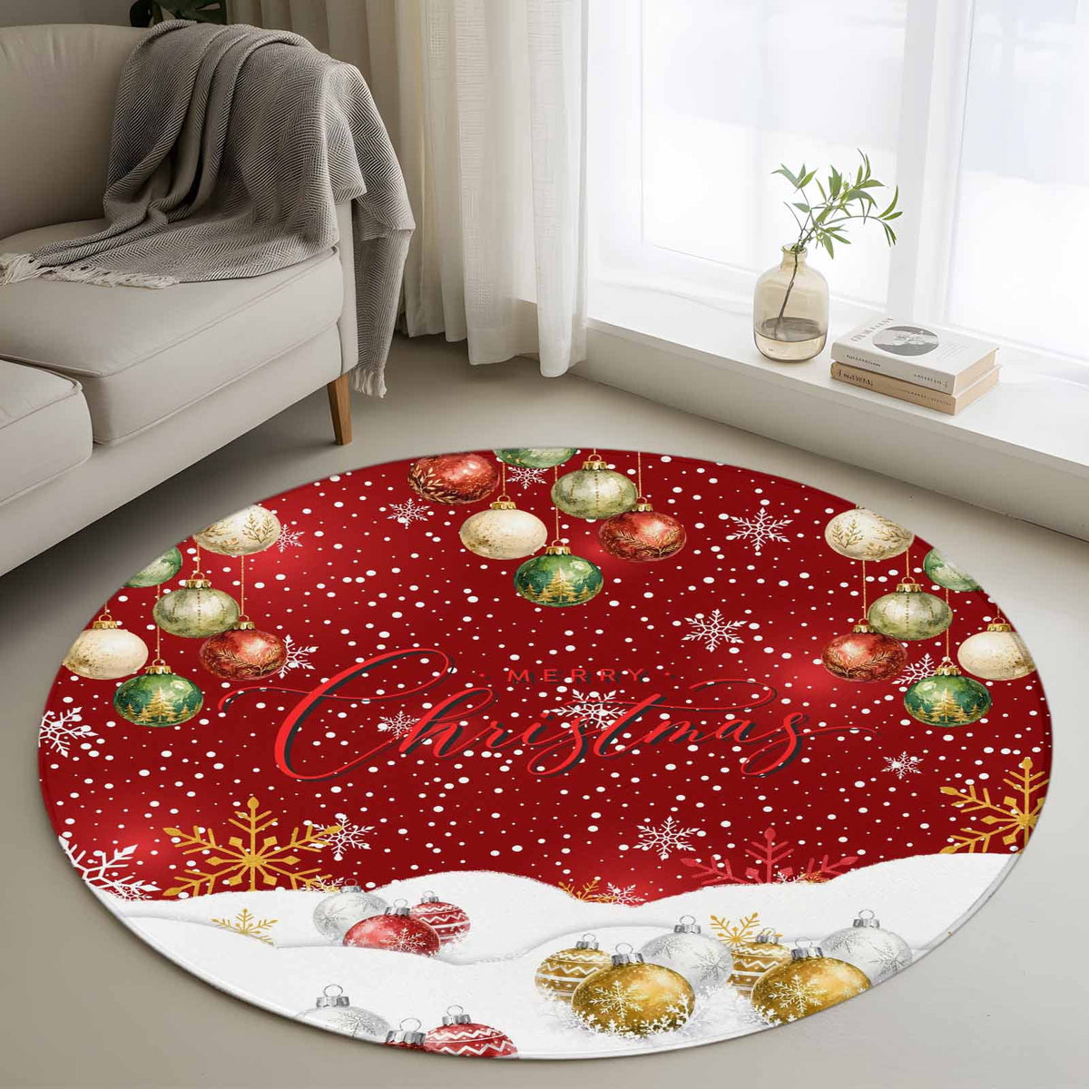 8x10 Area Rugs, Navy Blue Christmas Non-Skid Rubber Backing Large Rectangle Rugs - Living Room Bedroom Home Office, Xmas Snowflake Balls Snowy Sparkle Indoor Floor Mat Carpets Washable Rug