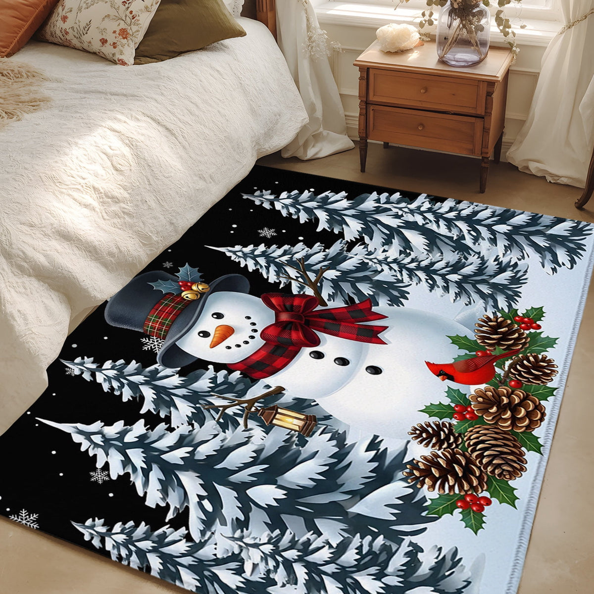 5x7 Area Rugs, Light Blue Snowman Christmas Non-Skid Rubber Backing Large Rectangle Rugs - Living Room Bedroom Home Office, Xmas Pinecone Tree Snowflake Indoor Floor Mat Carpets Washable Rug