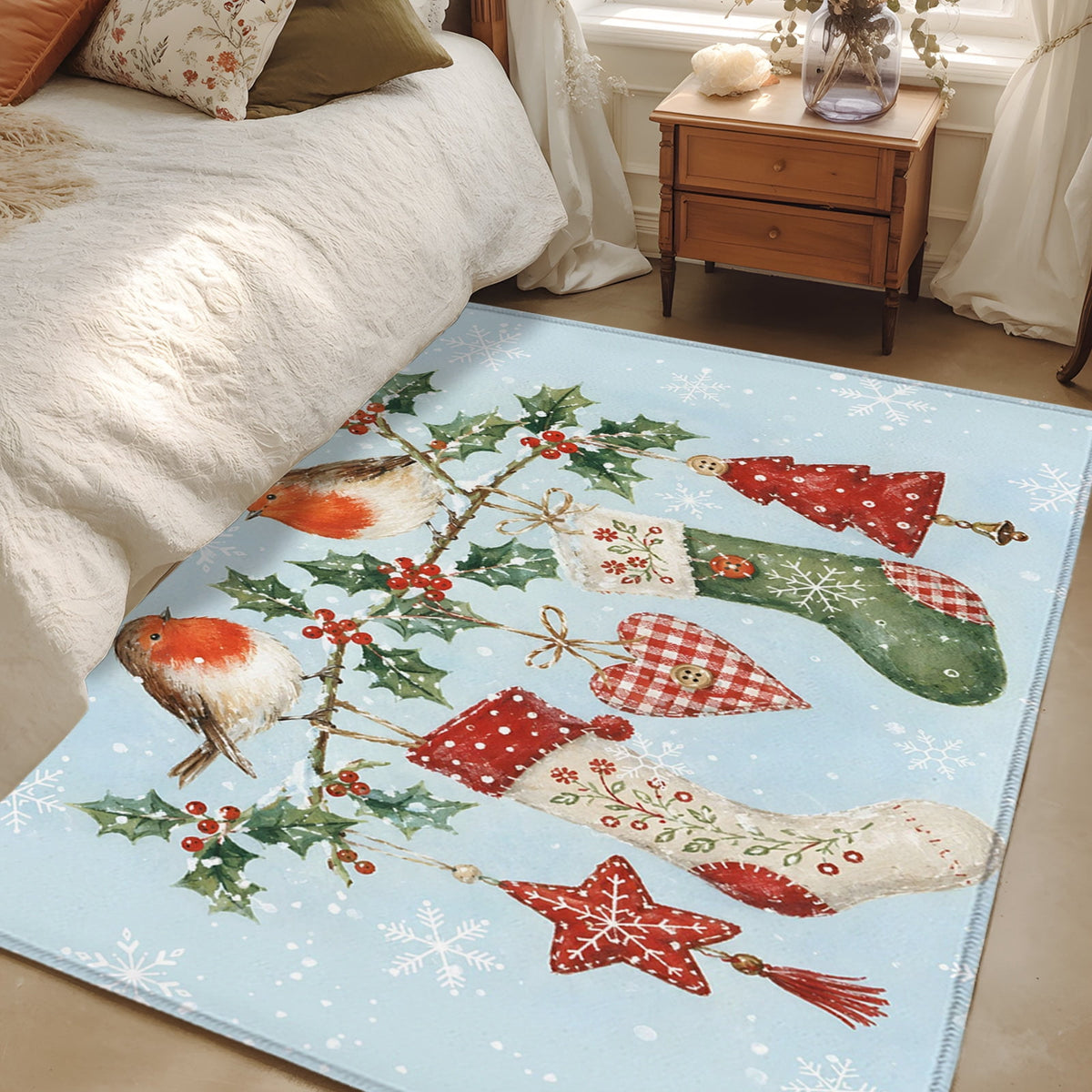 8x10 Area Rugs, Christmas Stocking Non-Skid Rubber Backing Large Rectangle Rugs - Living Room Bedroom Home Office, Winter Snowflake Berry Birds Xmas Indoor Floor Mat Carpets Washable Rug