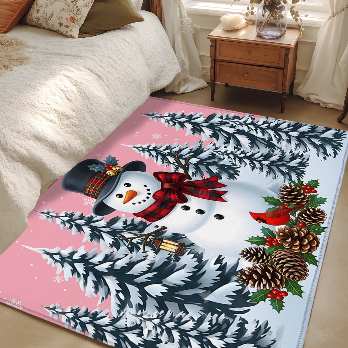 5x7 Area Rugs, Light Blue Snowman Christmas Non-Skid Rubber Backing Large Rectangle Rugs - Living Room Bedroom Home Office, Xmas Pinecone Tree Snowflake Indoor Floor Mat Carpets Washable Rug