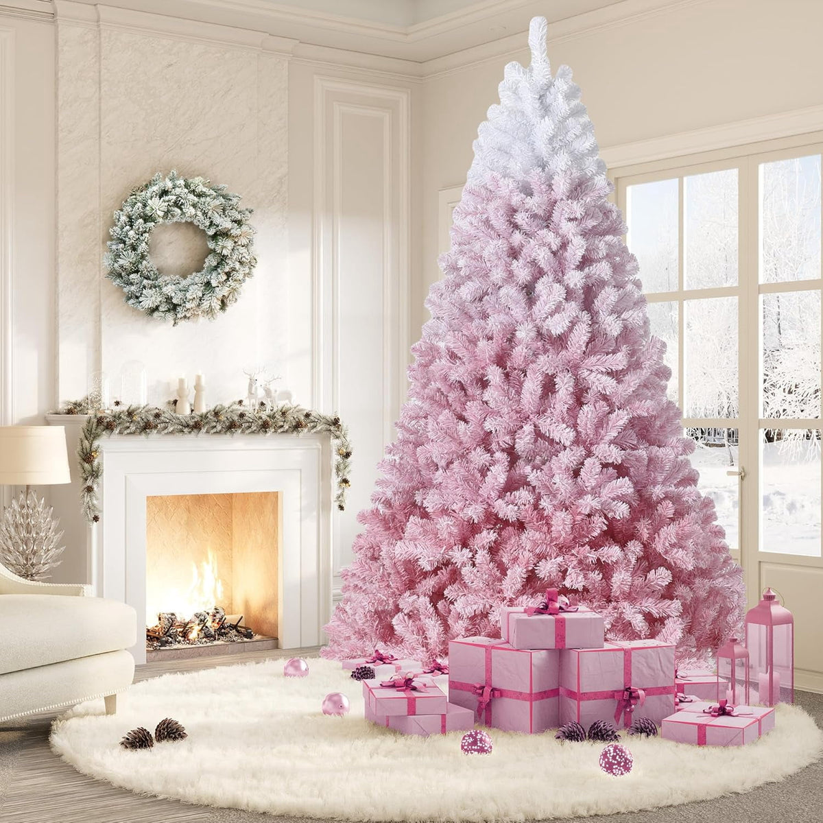 4.5/6/7.5/9/12 ft Artificial Christmas Tree with Warm White LED Lights, Pink Gradient Snow Frosted Xmas Tree for Holiday Decoration with 300 Realistic Branch Tips & Metal Stand
