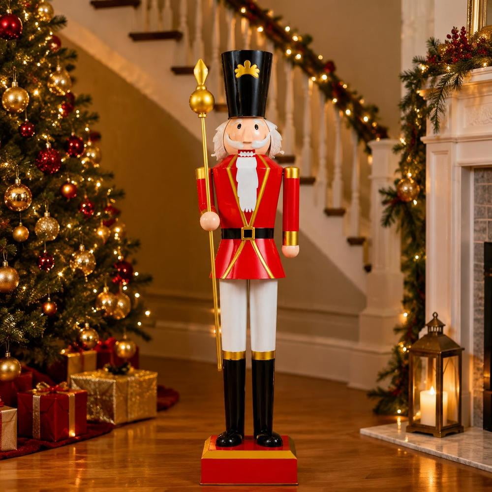 4 Ft Christmas Nutcracker with High Hat, Scepter, Metal Frame, Sturdy Base, and Hidden Storage - Black and Red