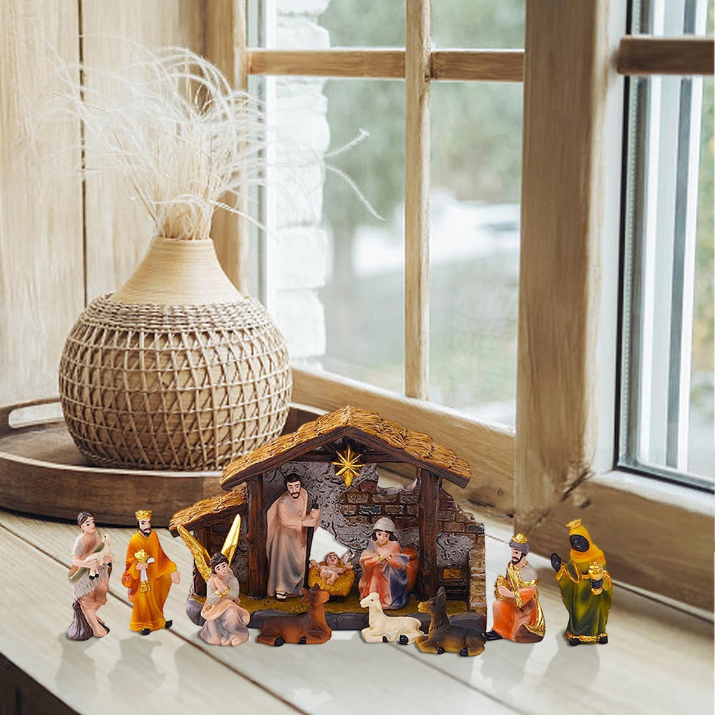 Nativity Set Christmas Indoor 16 Piece 2.36 inch Scene Statue Figurines Jesus Manger Crib Ornament Church Xmas Gift Home Decoration